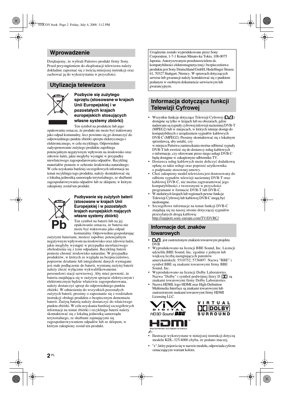 Informacje dot. znaków towarowych | Sony KDL-32V4000 User Manual | Page 62 / 181