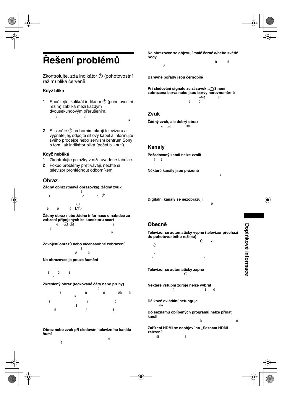 Řešení problémů, Doplňkové informace, Obraz | Zvuk, Kanály, Obecně | Sony KDL-32S2820 User Manual | Page 129 / 193
