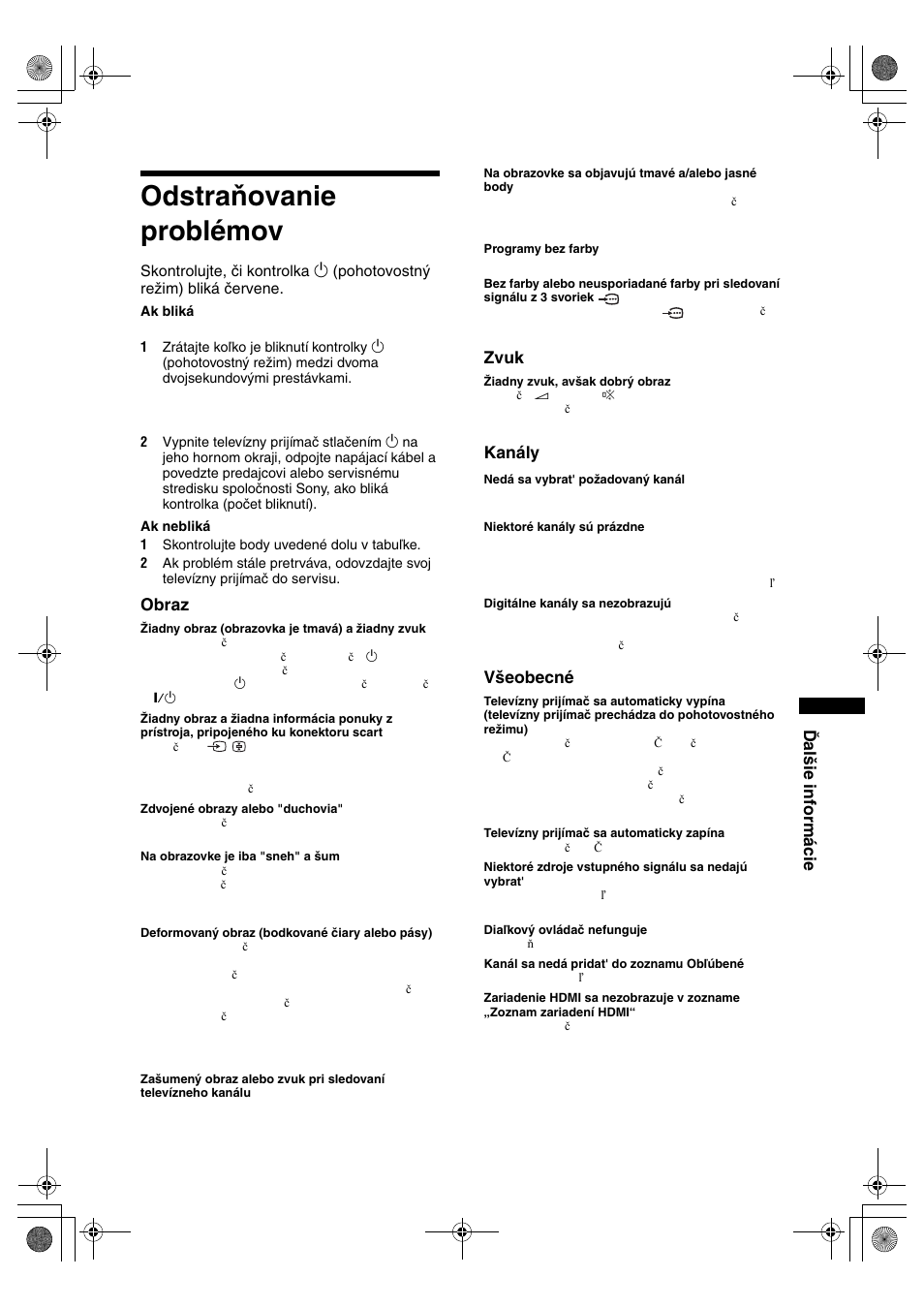 Odstraňovanie problémov, Ďalšie informácie, Obraz | Zvuk, Kanály, Všeobecné | Sony KDL-32S2820 User Manual | Page 161 / 193