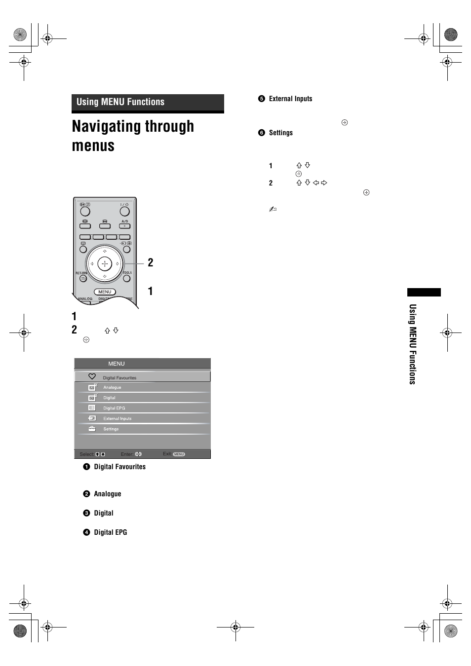 Navigating through menus, Using menu functions | Sony KDL-32S2820 User Manual | Page 19 / 193