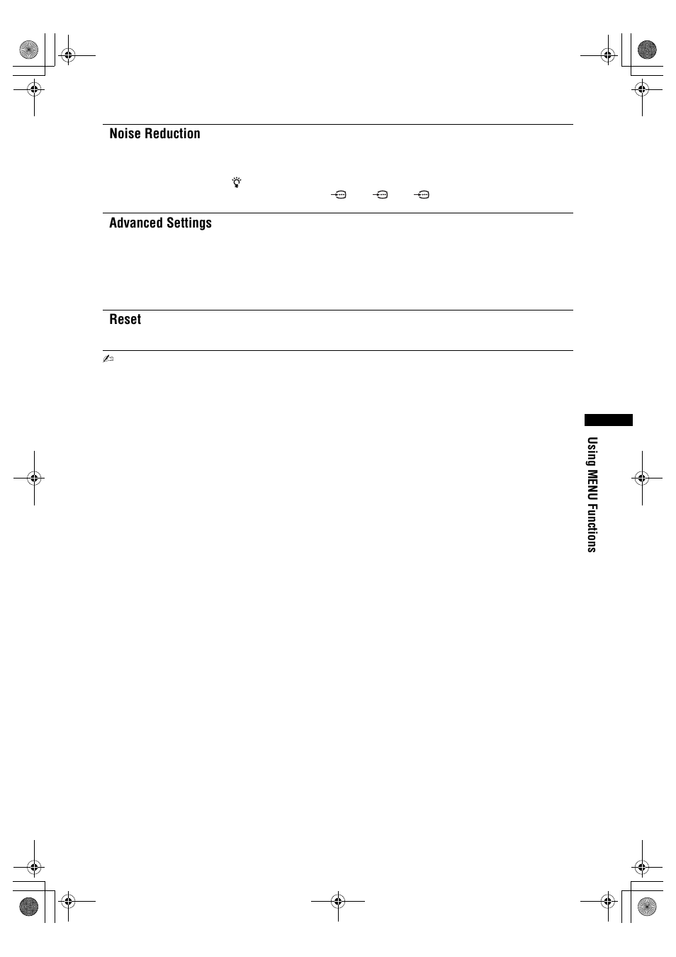 Noise reduction, Advanced settings, Reset | Sony KDL-32S2820 User Manual | Page 21 / 193