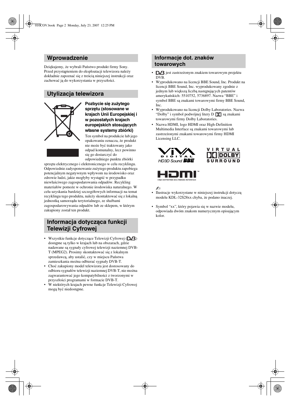 Informacje dot. znaków towarowych | Sony KDL-32S2820 User Manual | Page 66 / 193