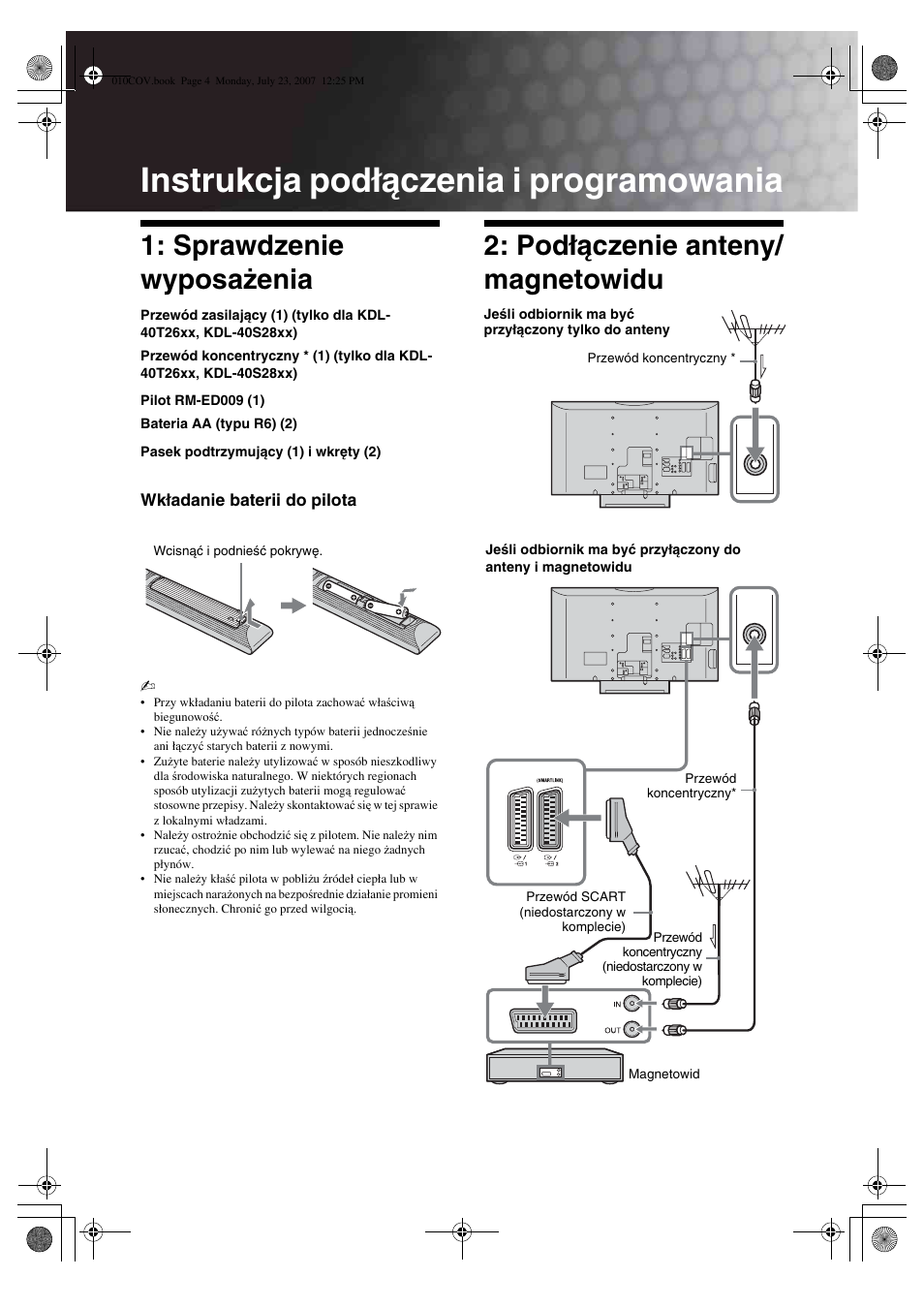 Instrukcja podłączenia i programowania, Sprawdzenie wyposażenia, Podłączenie anteny/ magnetowidu | Sony KDL-32S2820 User Manual | Page 68 / 193