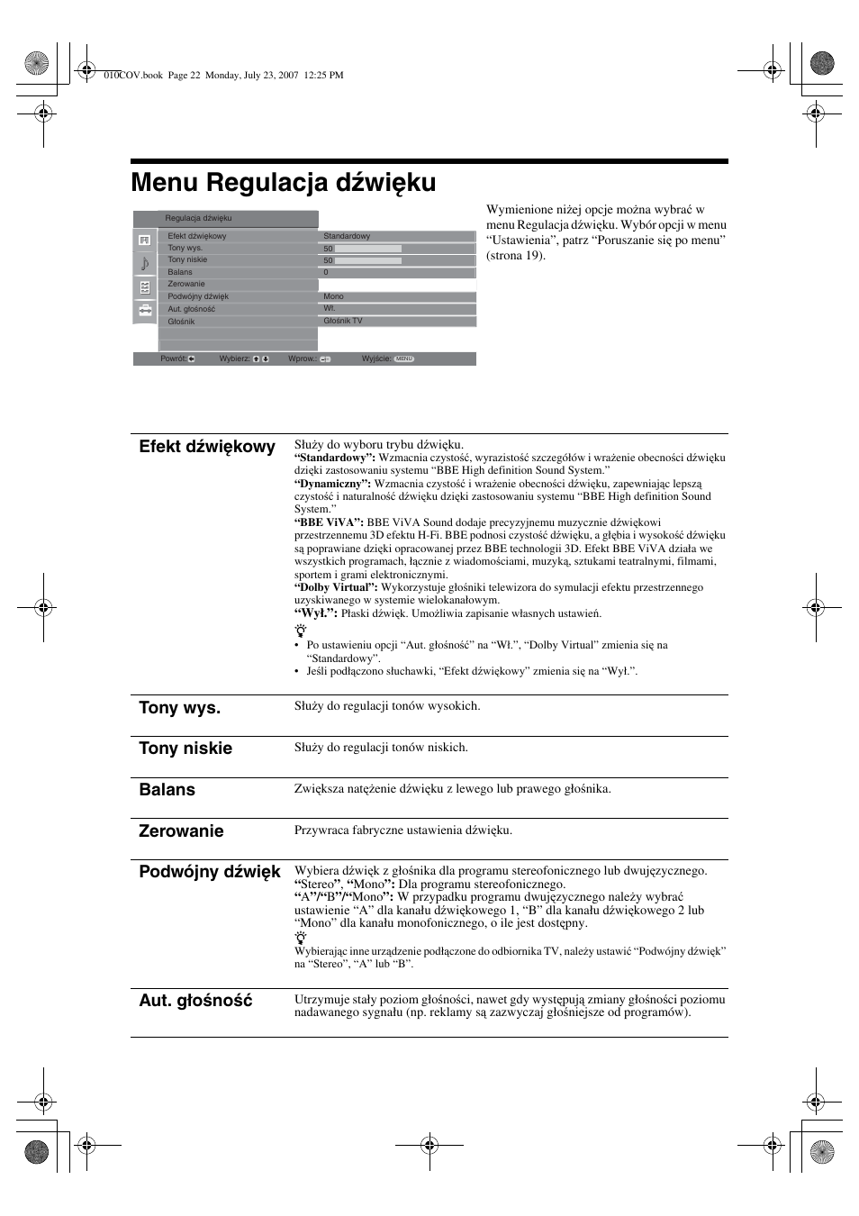 Menu regulacja dźwięku, Efekt dźwiękowy, Tony wys | Tony niskie, Balans, Zerowanie, Podwójny dźwięk, Aut. głośność | Sony KDL-32S2820 User Manual | Page 86 / 193