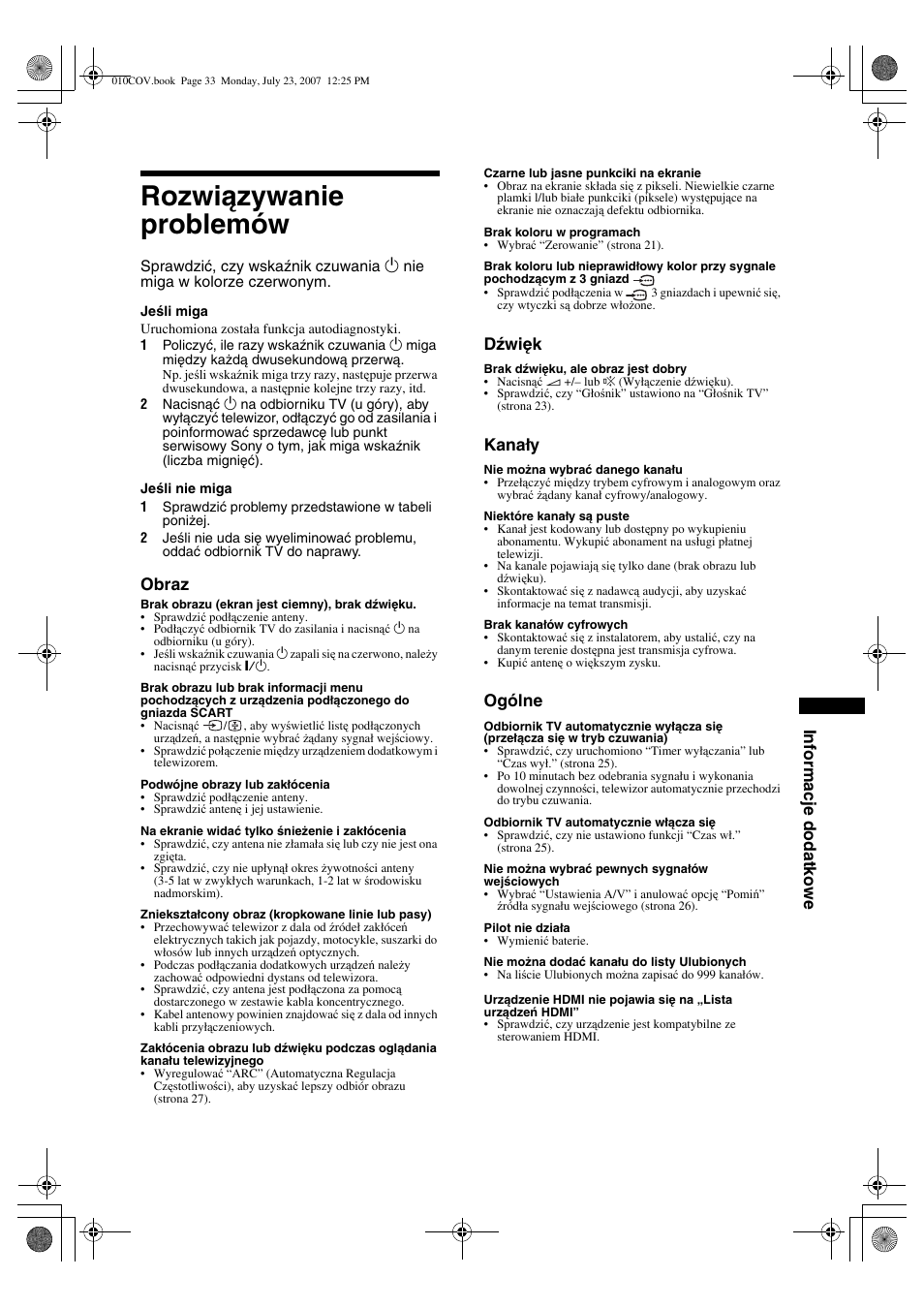 Rozwiązywanie problemów, Informacje dodatkowe, Obraz | Dźwięk, Kanały, Ogólne | Sony KDL-32S2820 User Manual | Page 97 / 193