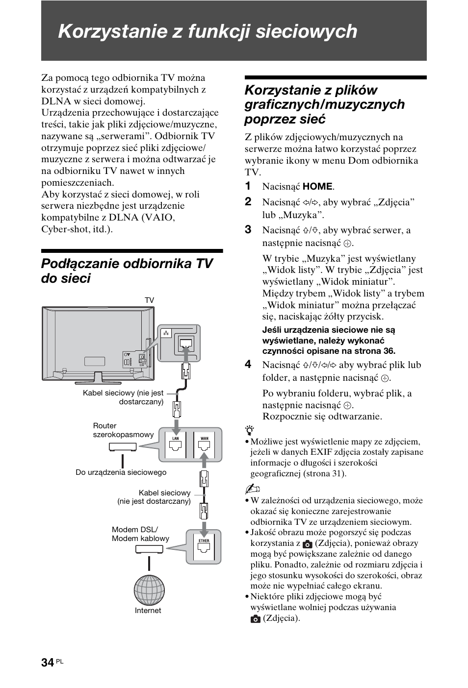 Korzystanie z funkcji sieciowych, Podłączanie odbiornika tv do sieci | Sony KDL-40W4710 User Manual | Page 86 / 179