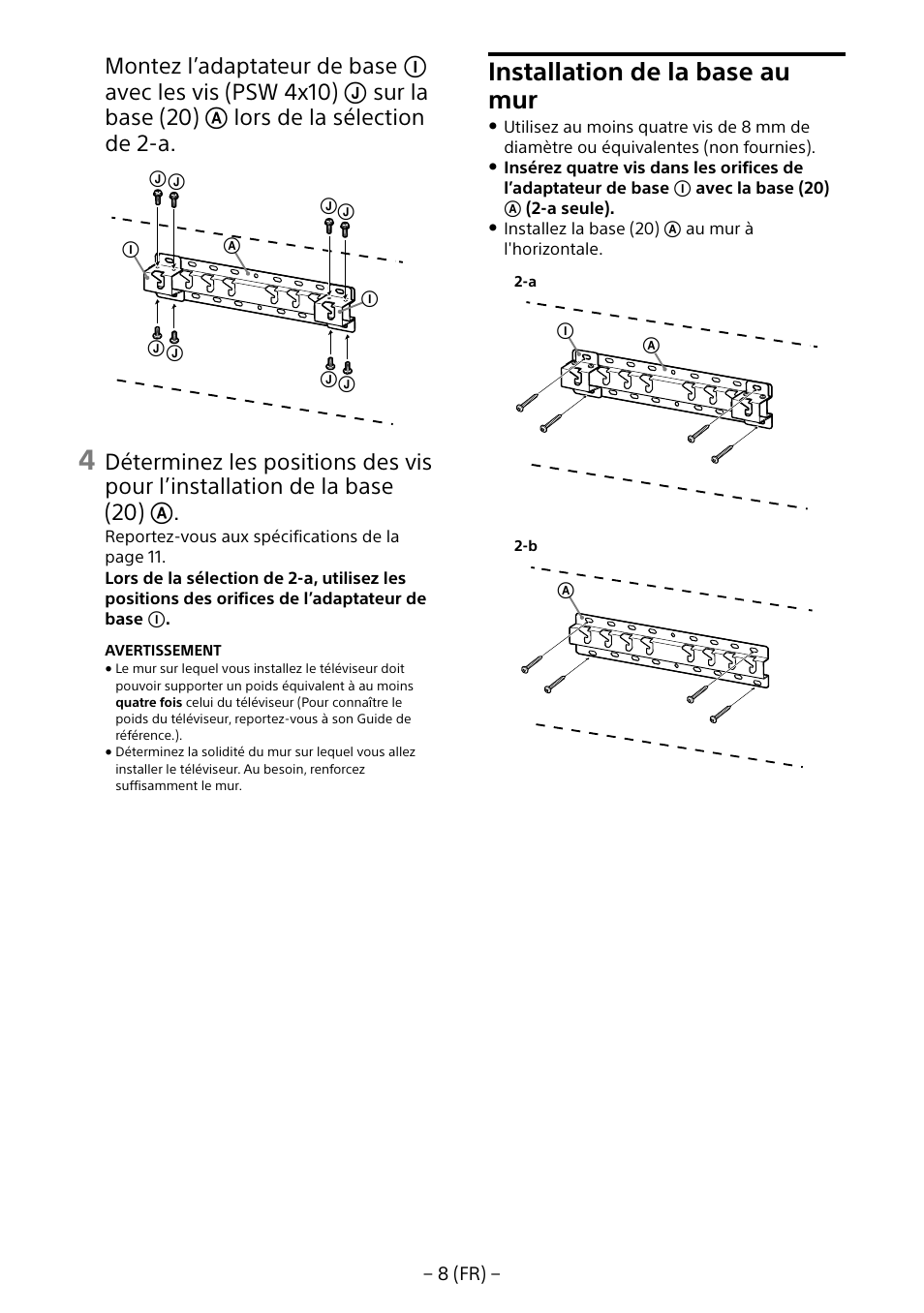 Installation de la base au mur | Sony KD-65X8505B User Manual | Page 18 / 292