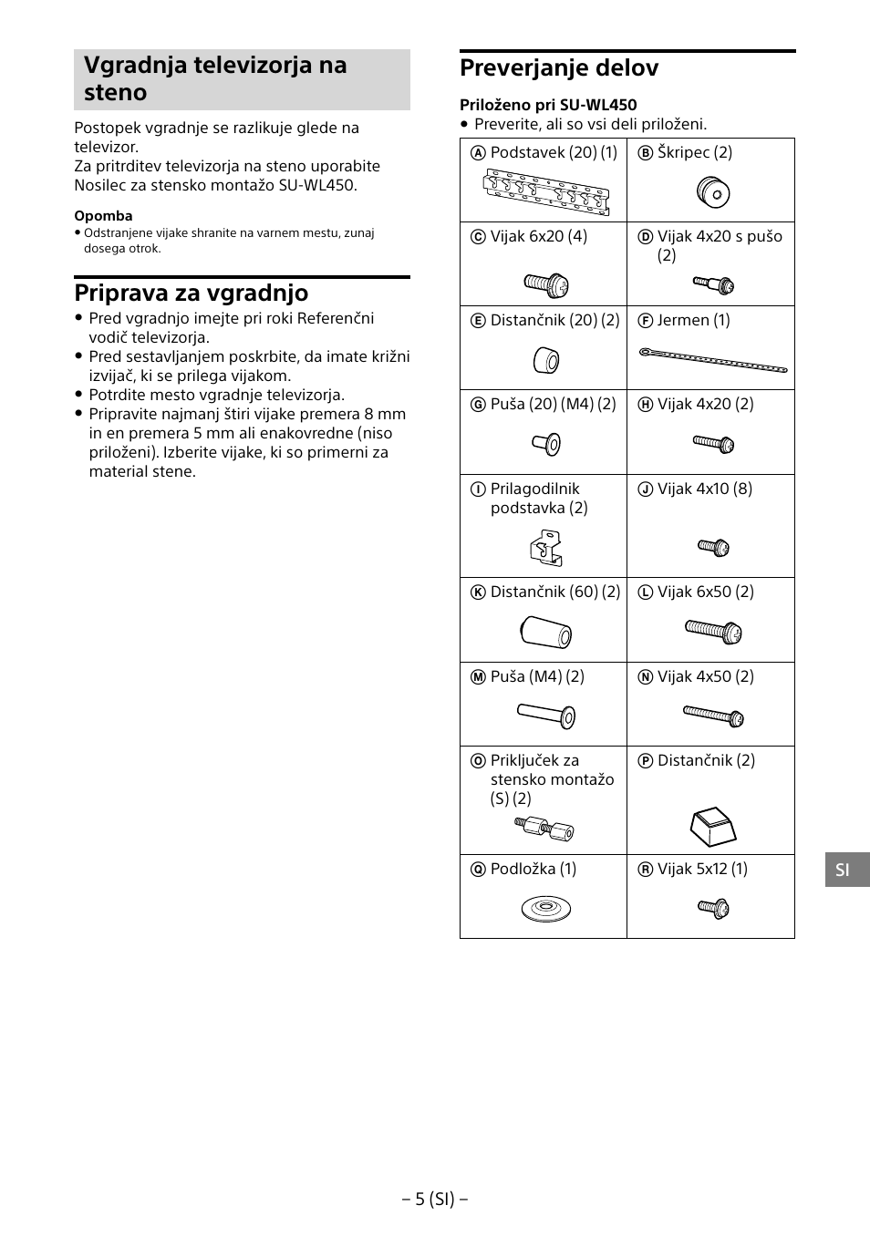 Vgradnja televizorja na steno, Priprava za vgradnjo, Preverjanje delov | Sony KD-65X8505B User Manual | Page 246 / 292