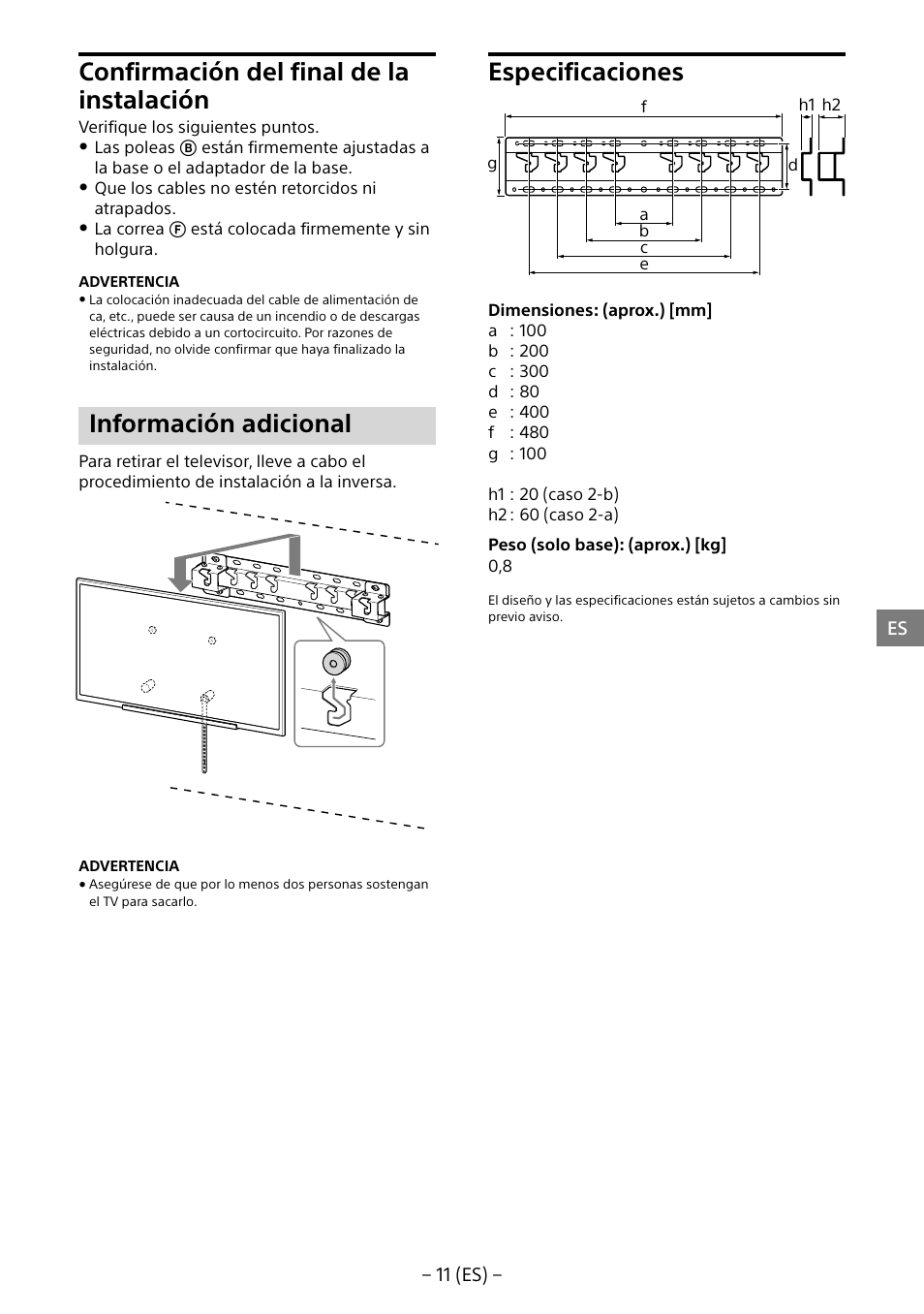 Confirmación del final de la instalación, Información adicional, Especificaciones | Sony KD-65X8505B User Manual | Page 31 / 292