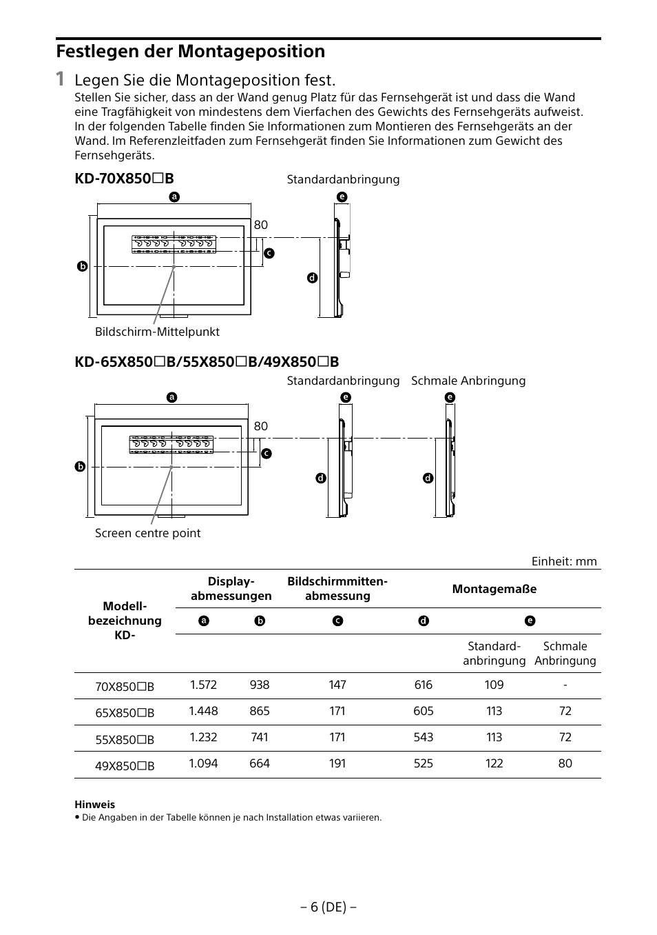 Festlegen der montageposition, Legen sie die montageposition fest | Sony KD-65X8505B User Manual | Page 36 / 292