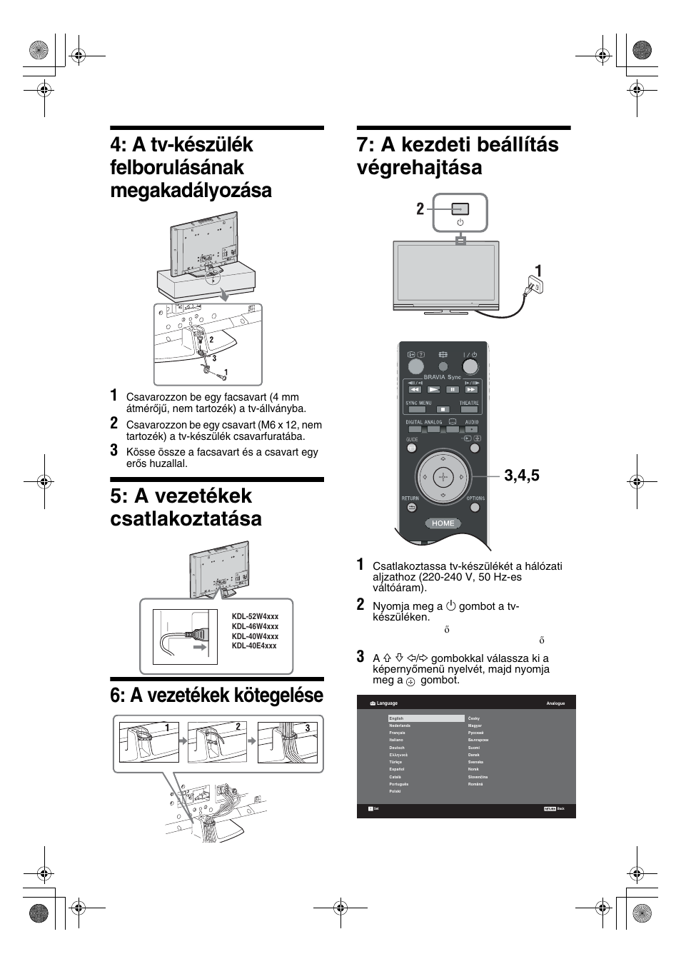 A tv-készülék felborulásának megakadályozása | Sony KDL-32V4500 User Manual | Page 185 / 215