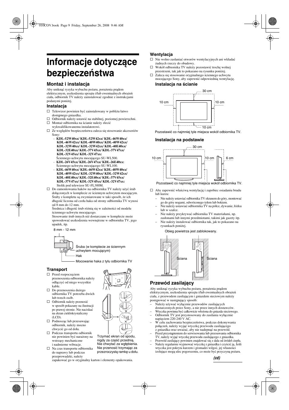 Informacje dotyczące bezpieczeństwa, Montaż i instalacja, Przewód zasilający | Sony KDL-32V4500 User Manual | Page 81 / 215