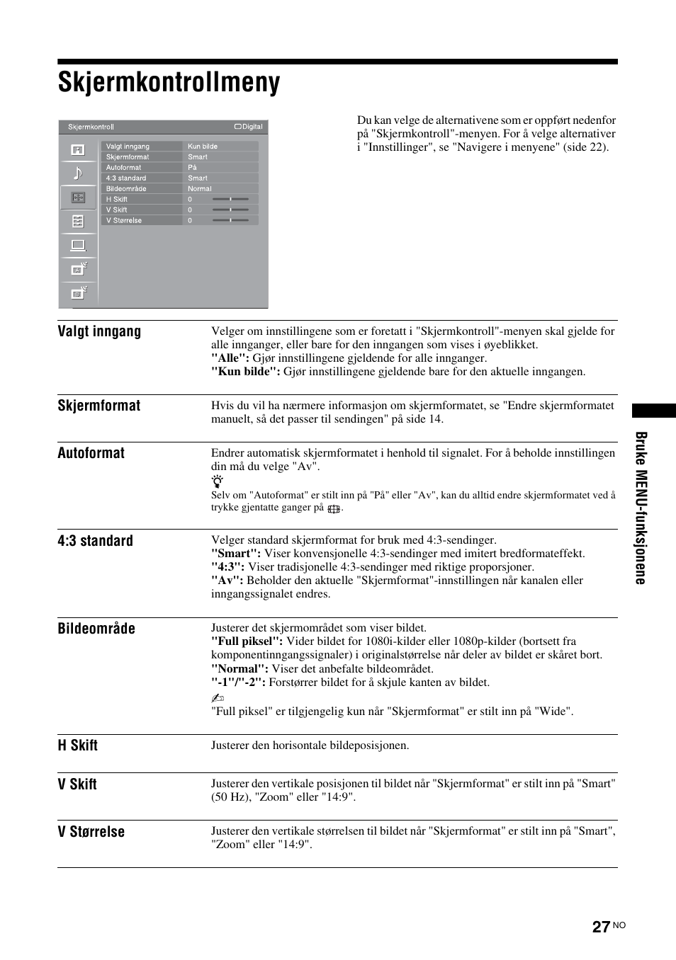 Skjermkontrollmeny, N (side 27) | Sony KDL-40V3000 User Manual | Page 109 / 300