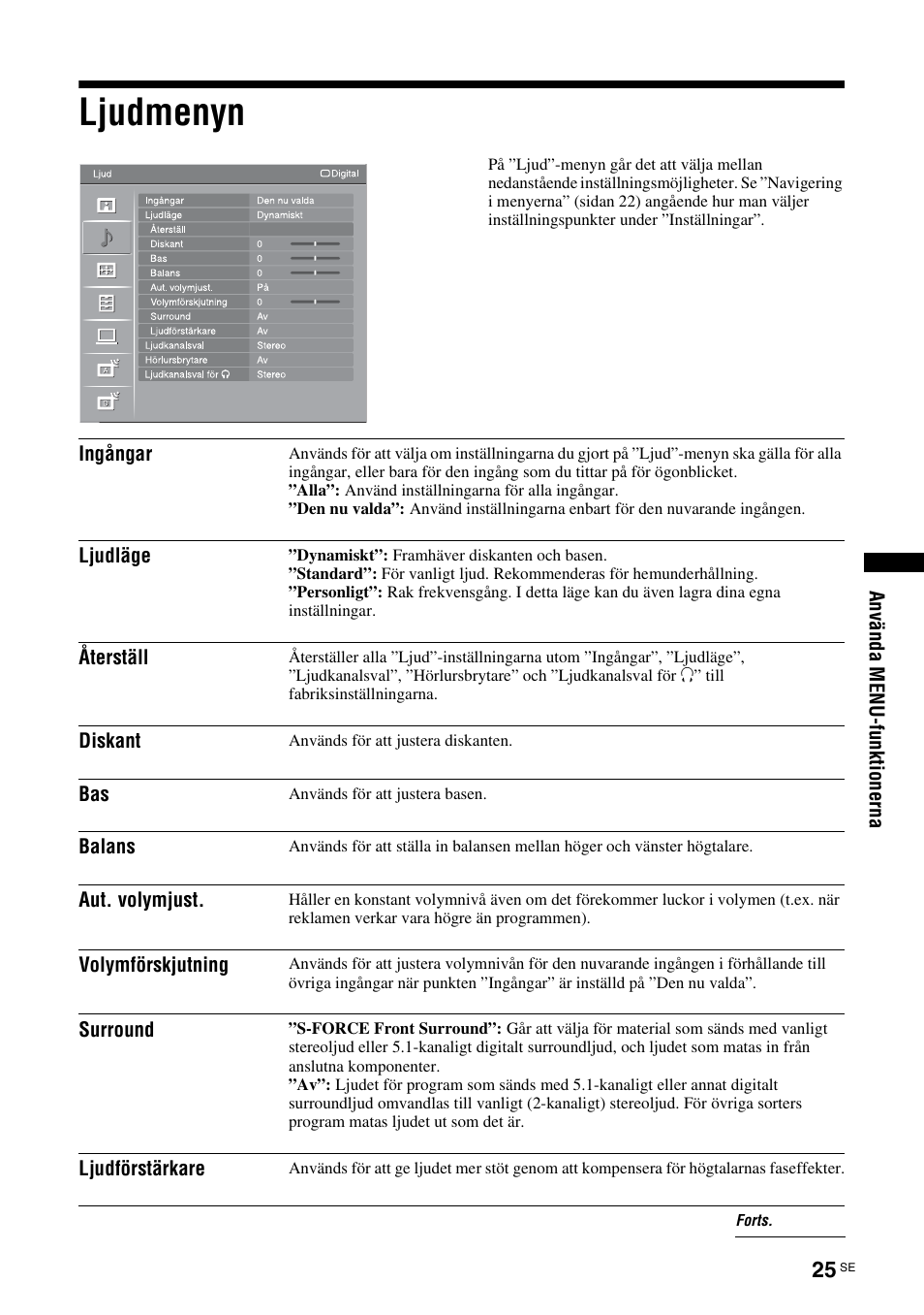 Ljudmenyn, Se sidan 25 | Sony KDL-40V3000 User Manual | Page 149 / 300
