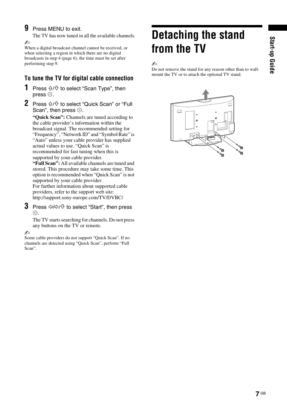 E “to tune the tv for digital cable connection” o, Ge 7, Detaching the stand from the tv | Sony KDL-40V3000 User Manual | Page 173 / 300