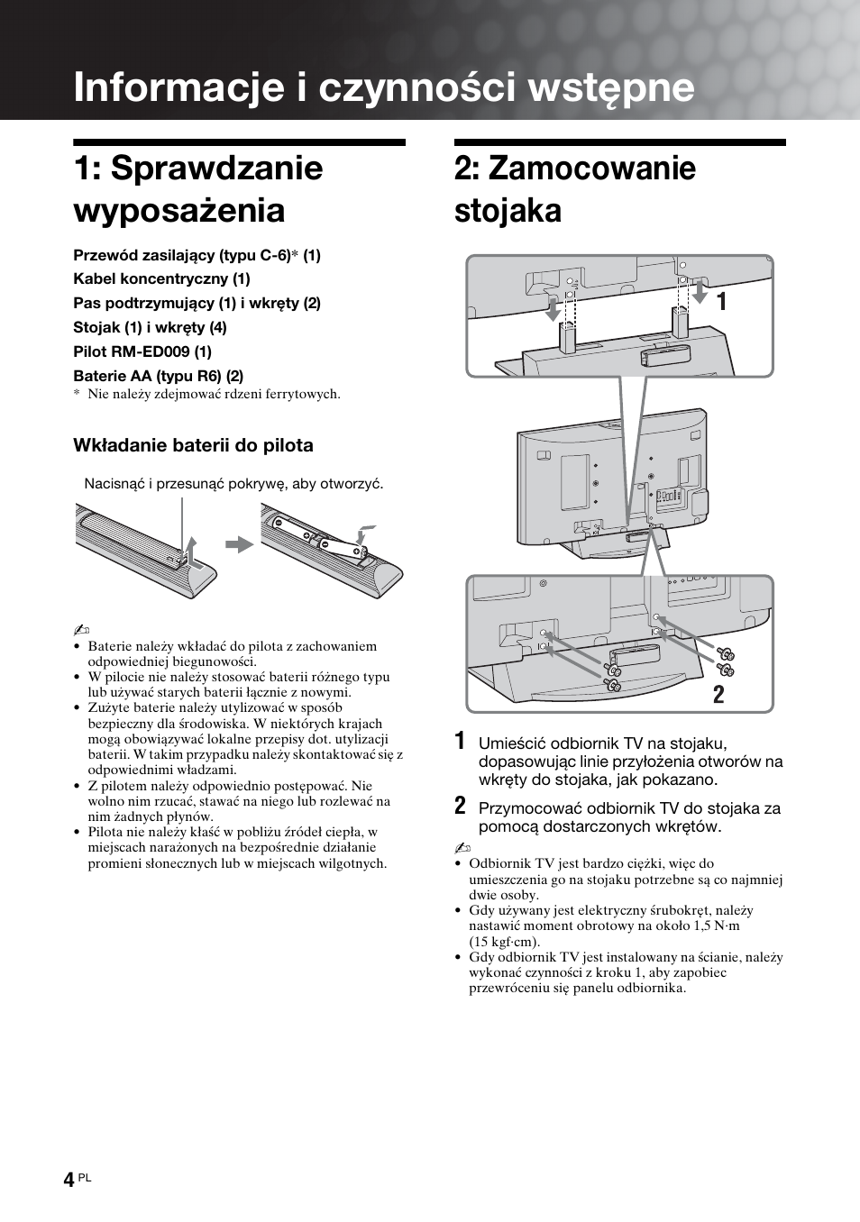 Informacje i czynności wstępne, Sprawdzanie wyposażenia, Zamocowanie stojaka | Sony KDL-40V3000 User Manual | Page 212 / 300