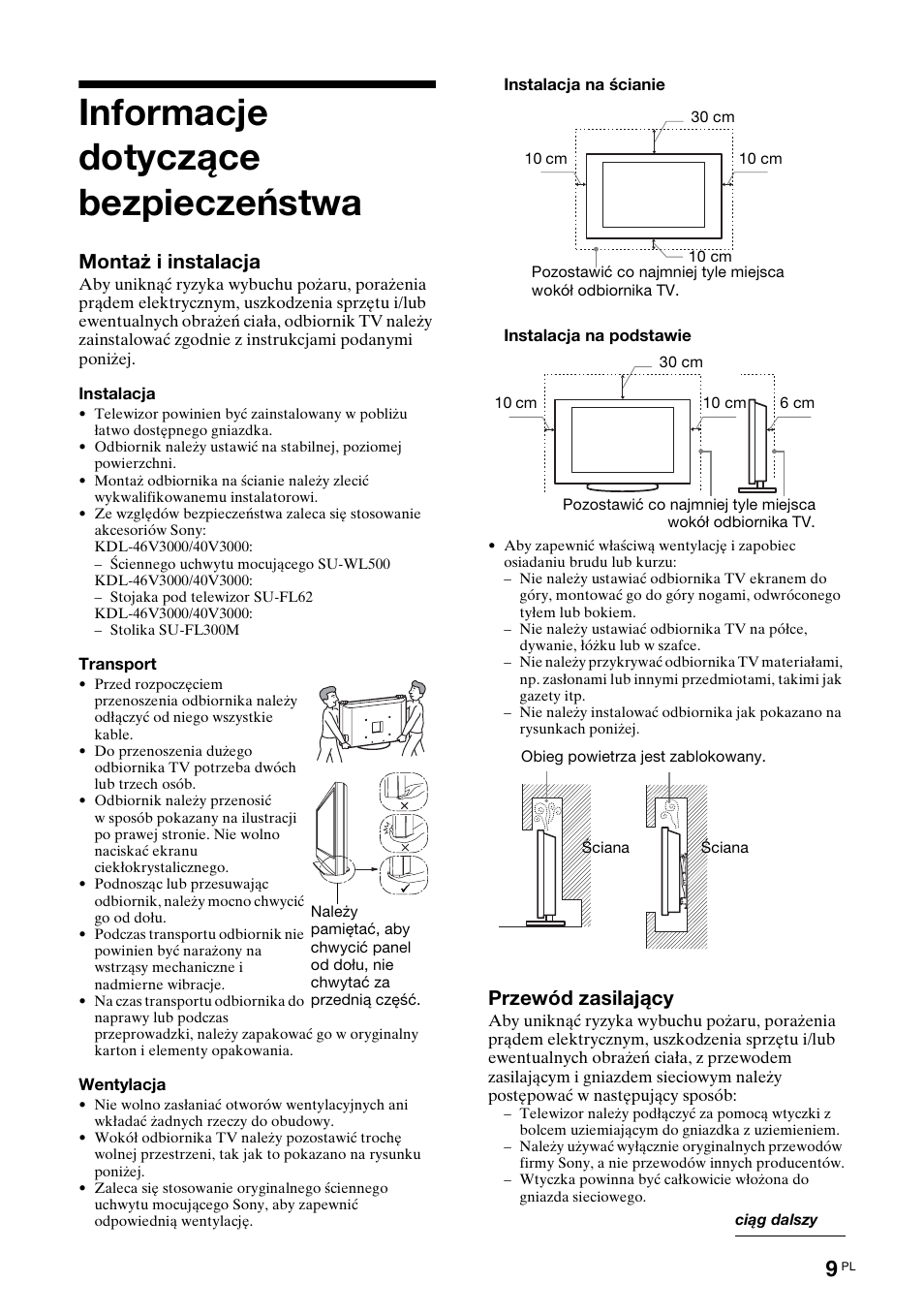 Informacje dotyczące bezpieczeństwa, Montaż i instalacja, Przewód zasilający | Sony KDL-40V3000 User Manual | Page 217 / 300
