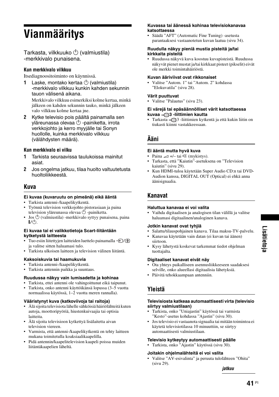 Vianmääritys, Li sä ti eto ja, Kuva | Ääni, Kanavat, Yleistä | Sony KDL-40V3000 User Manual | Page 81 / 300