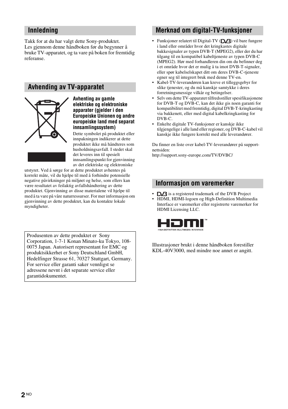 Innledning avhending av tv-apparatet | Sony KDL-40V3000 User Manual | Page 84 / 300