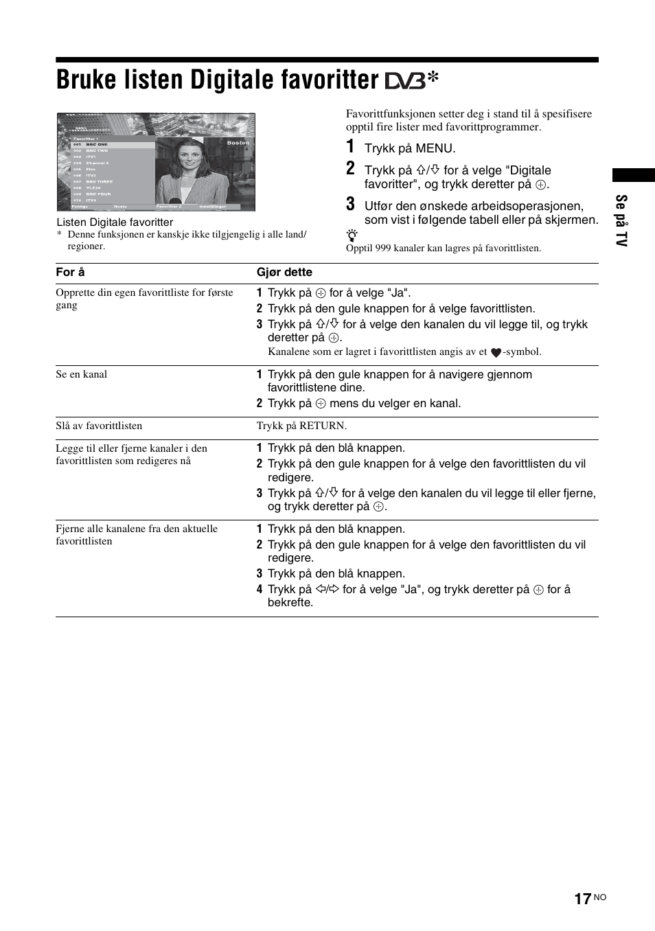 Bruke listen digitale favoritter | Sony KDL-40V3000 User Manual | Page 99 / 300