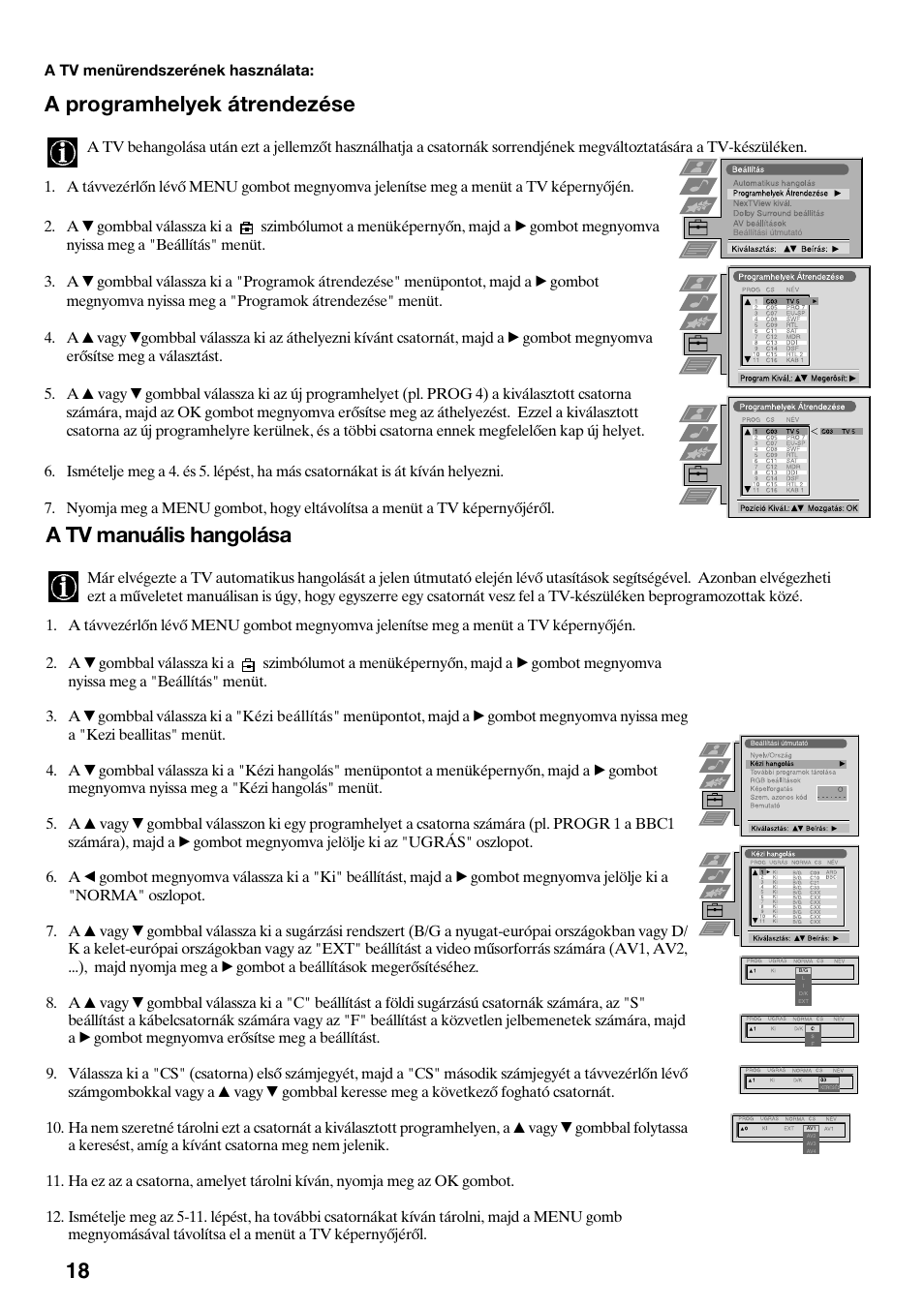 A programhelyek átrendezése, A tv manuális hangolása | Sony KV-36FS70K User Manual | Page 104 / 172