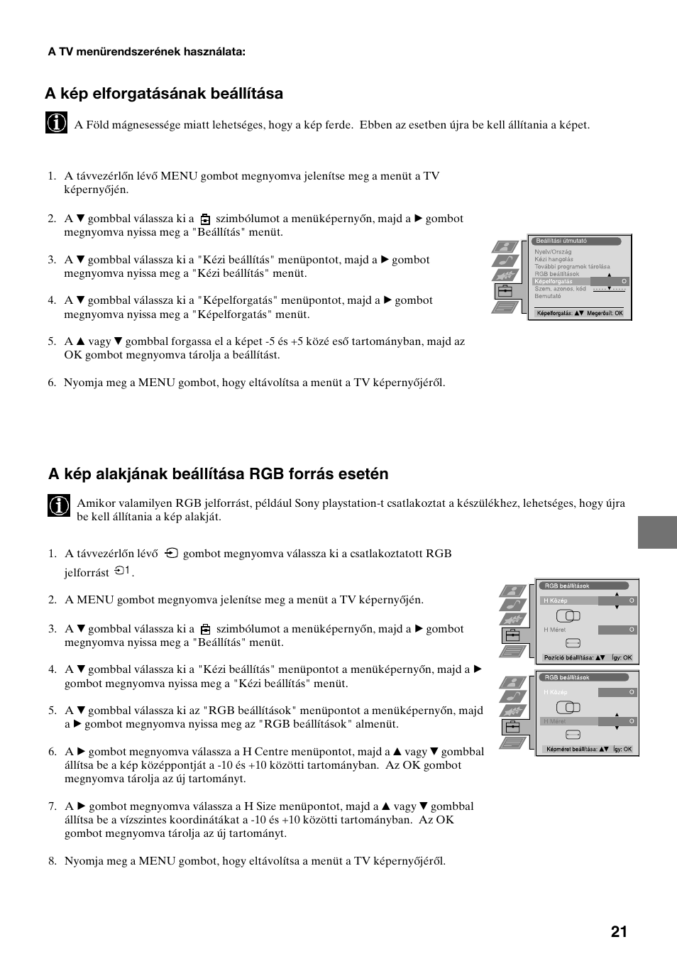 A kép alakjának beállítása rgb forrás esetén, A kép elforgatásának beállítása | Sony KV-36FS70K User Manual | Page 107 / 172