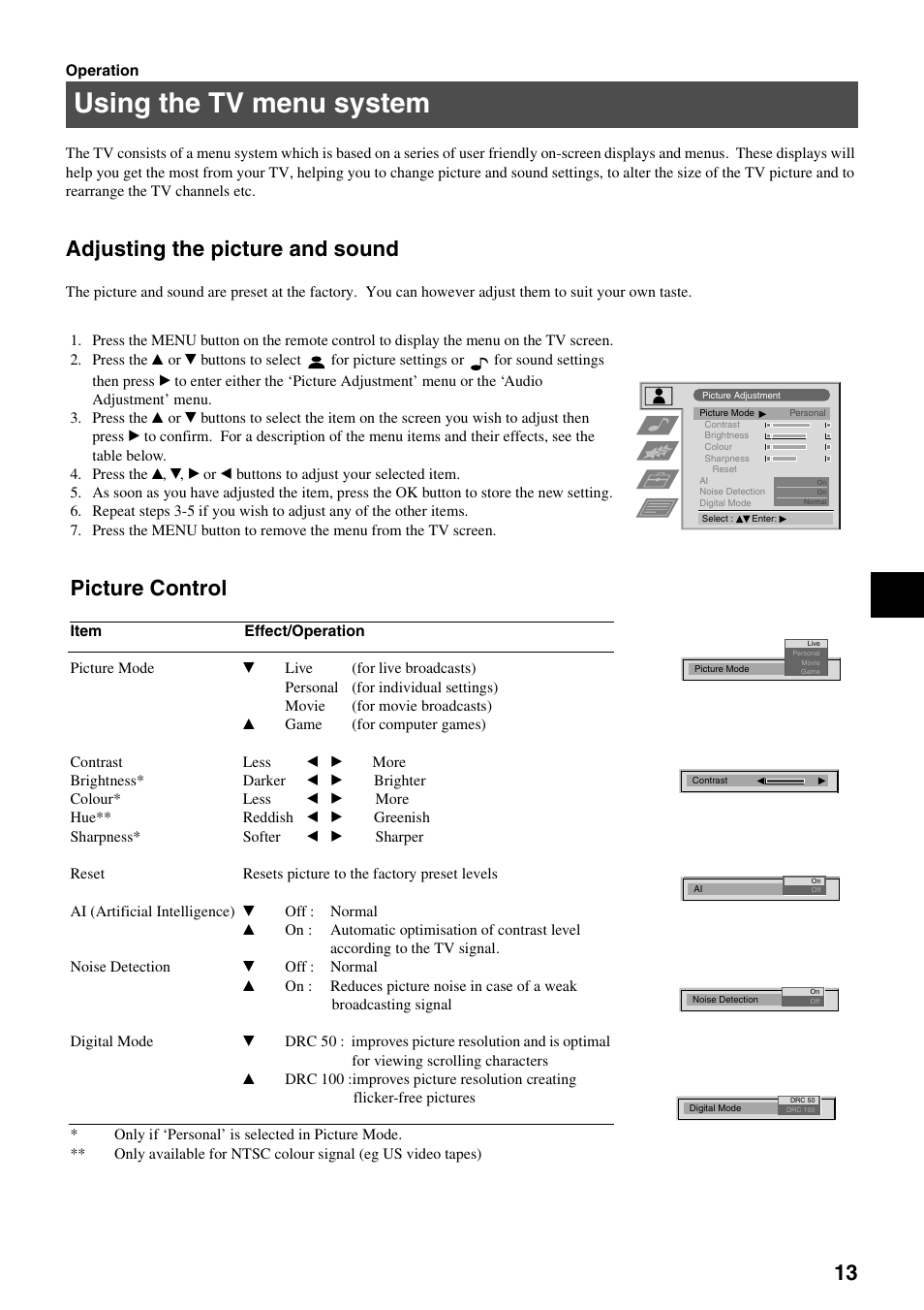 Using the tv menu system, Adjusting the picture and sound, Picture control | Sony KV-36FS70K User Manual | Page 15 / 172