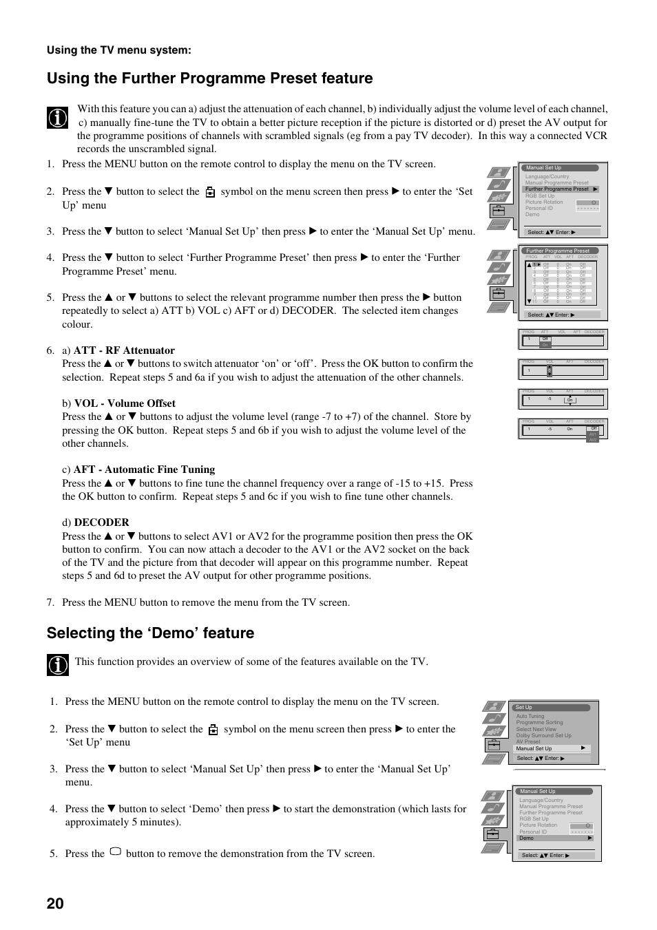 Using the further programme preset feature, Selecting the ‘demo’ feature, Using the tv menu system | Sony KV-36FS70K User Manual | Page 22 / 172