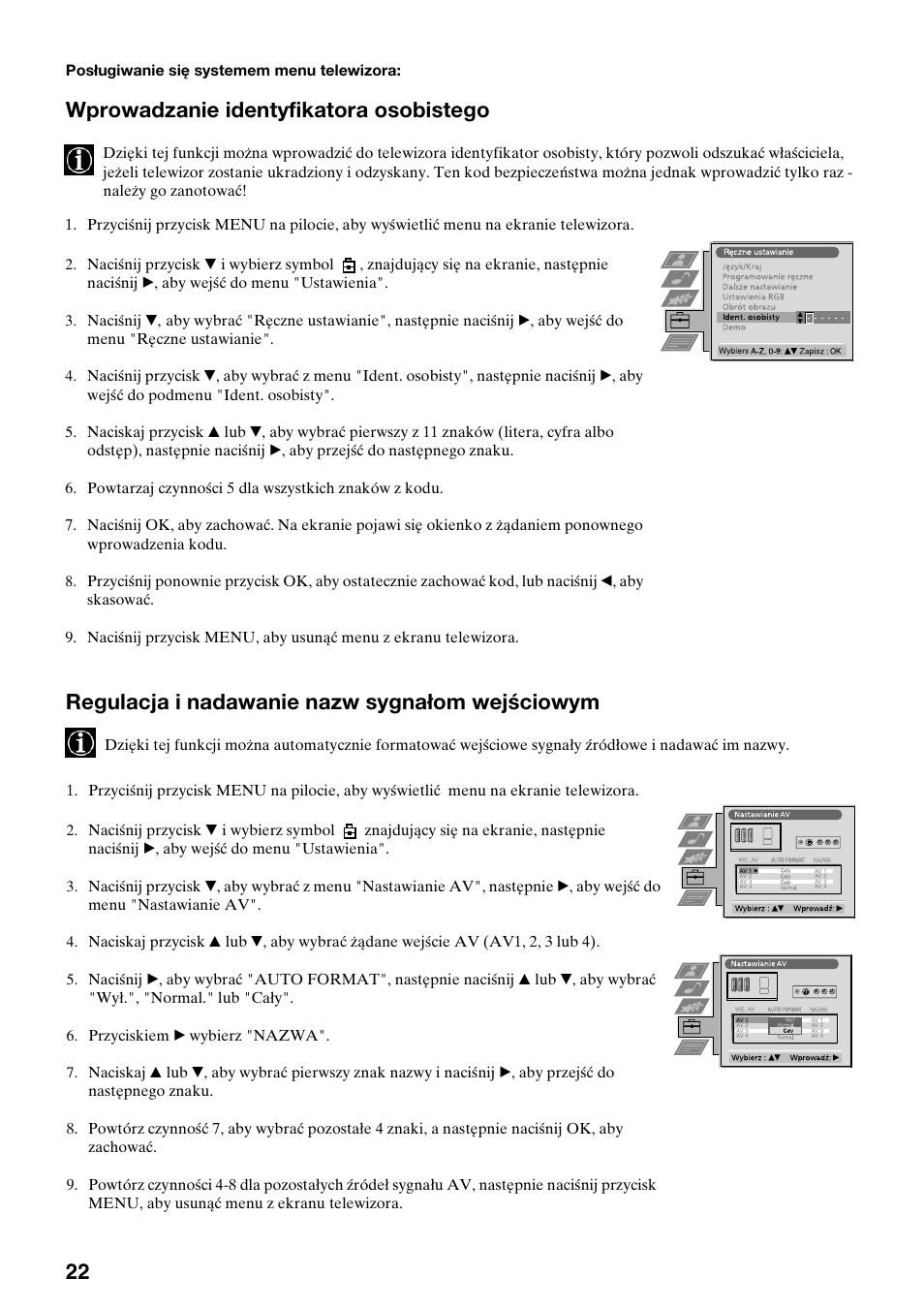 Wprowadzanie identyfikatora osobistego, Regulacja i nadawanie nazw sygnałom wejściowym | Sony KV-36FS70K User Manual | Page 52 / 172