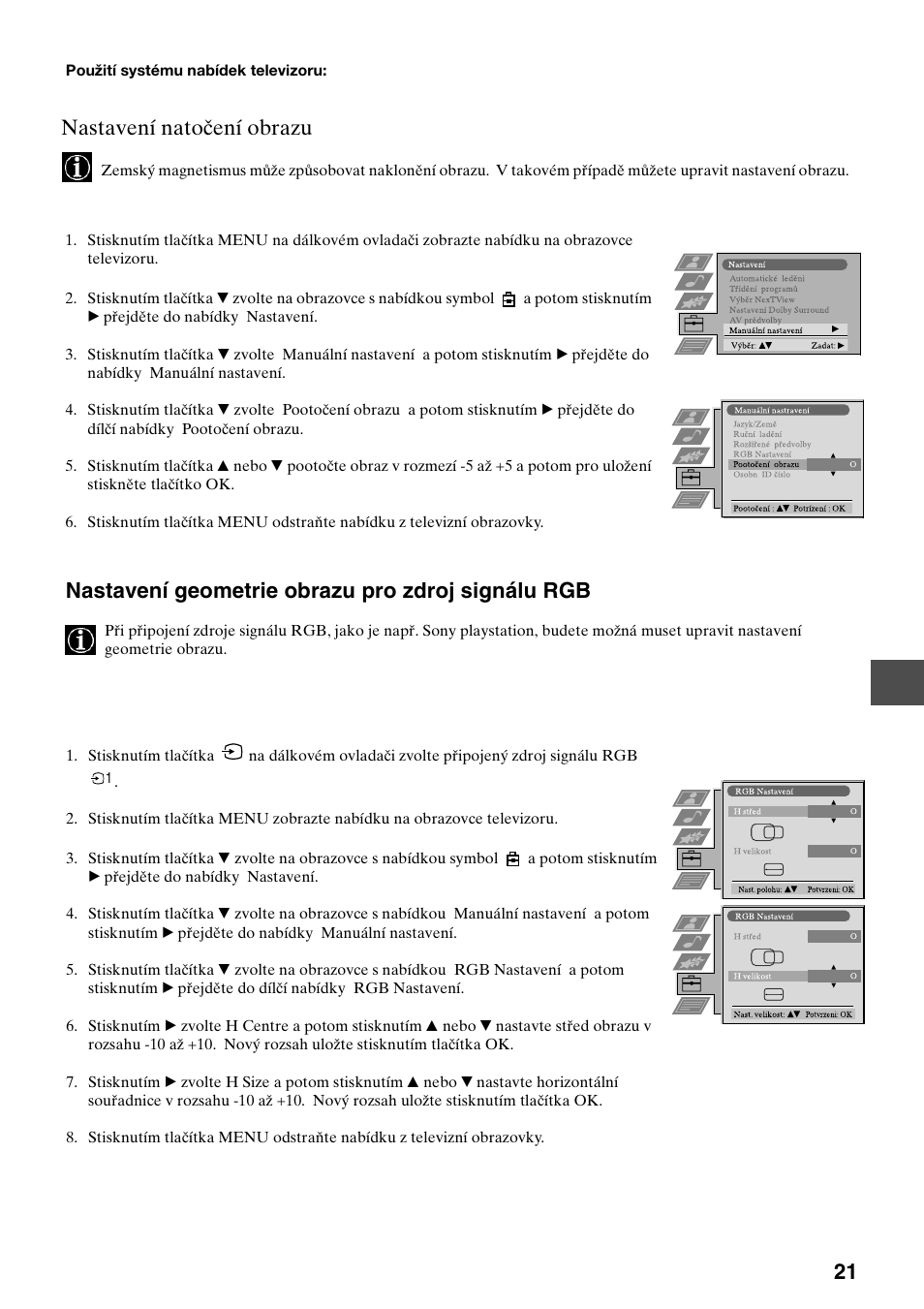 Nastavení geometrie obrazu pro zdroj signálu rgb, Nastavení natočení obrazu | Sony KV-36FS70K User Manual | Page 79 / 172
