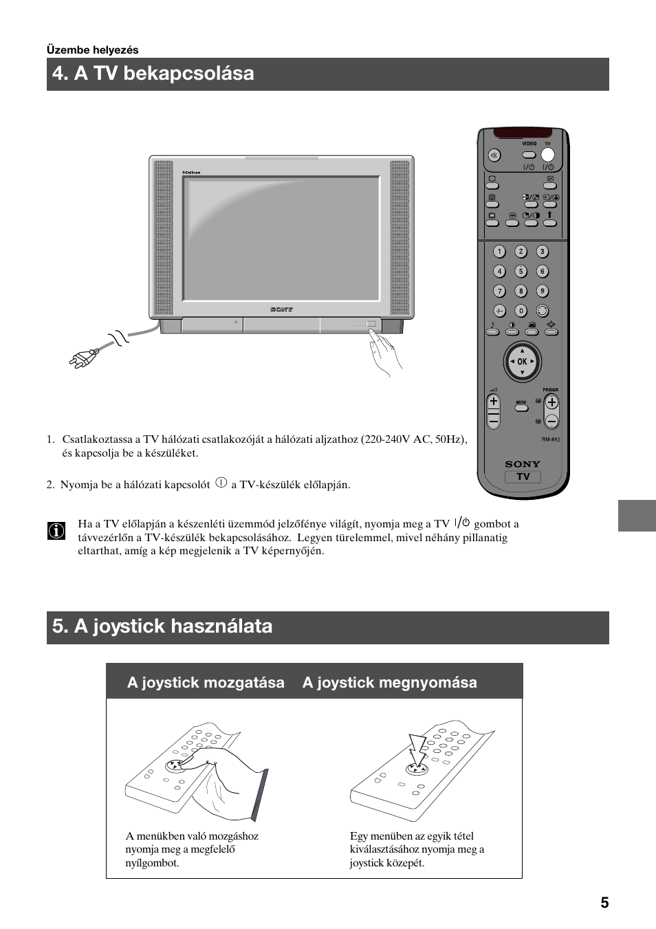 A tv bekapcsolása 5. a joystick használata, A joystick mozgatása a joystick megnyomása | Sony KV-36FS70K User Manual | Page 91 / 172