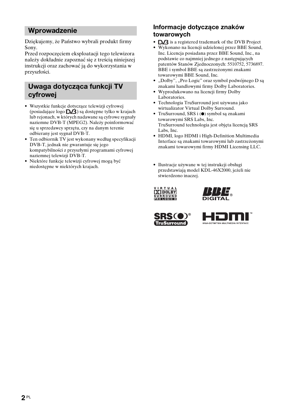 Wprowadzenie uwaga dotycząca funkcji tv cyfrowej, Informacje dotyczące znaków towarowych | Sony KDL-40X2000 User Manual | Page 104 / 160