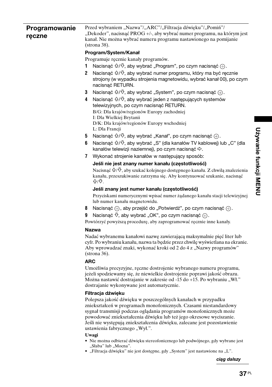 Programowanie ręczne | Sony KDL-40X2000 User Manual | Page 139 / 160