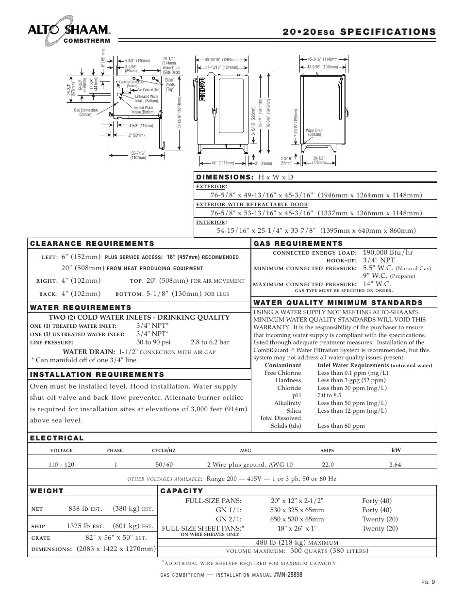 E s g, 838 lb, 380 kg) | 1325 lb, 601 kg), 6" (152mm), 4" (102mm), 3/4" npt, 5" w.c, 9" w.c | Alto-Shaam 12.18ESG User Manual | Page 11 / 32