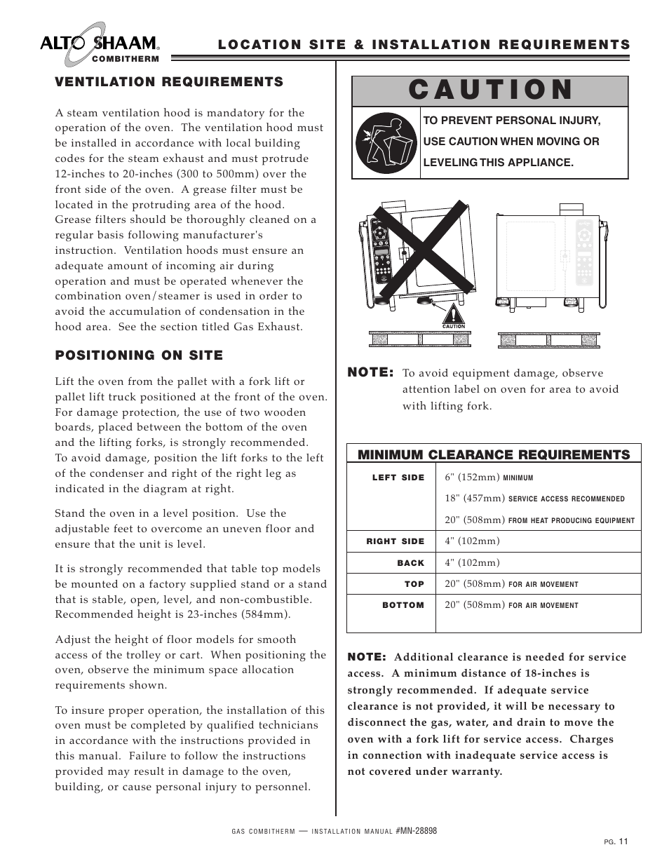 Ventilation requirements, Positioning on site, Minimum clearance requirements | Alto-Shaam 12.18ESG User Manual | Page 13 / 32