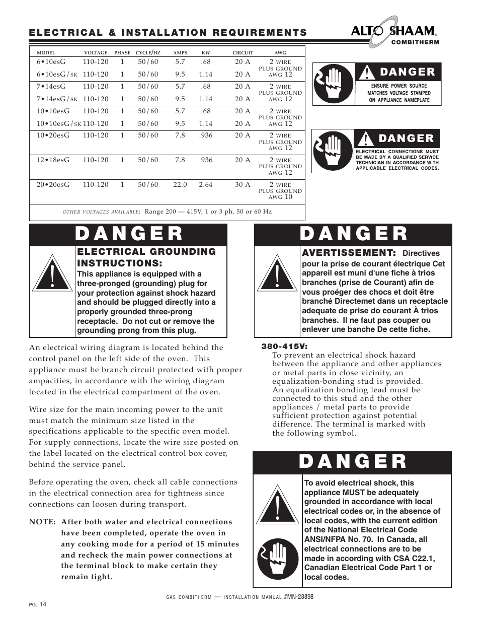 Electrical grounding instructions, Avertissement | Alto-Shaam 12.18ESG User Manual | Page 16 / 32