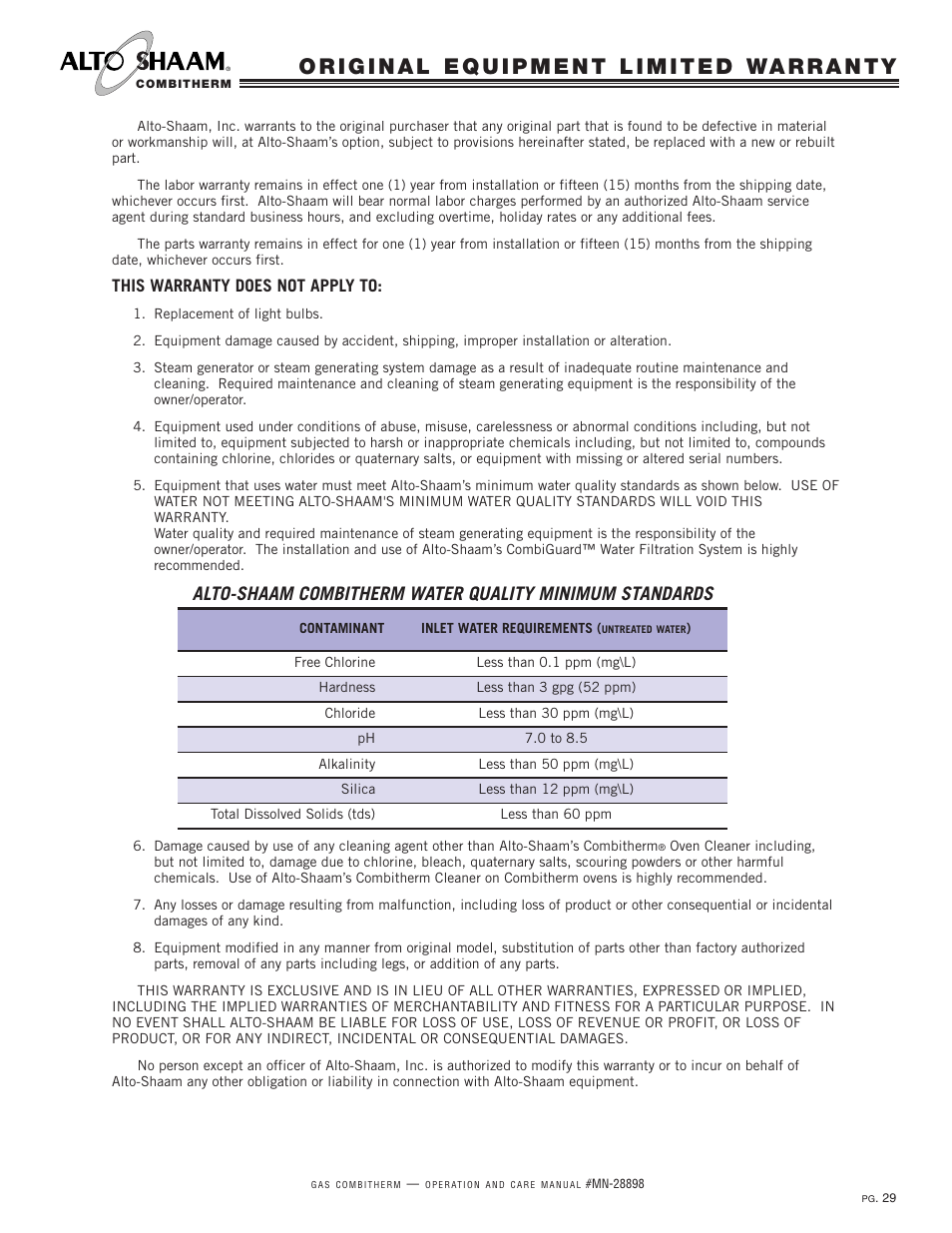 This warranty does not apply to | Alto-Shaam 12.18ESG User Manual | Page 31 / 32