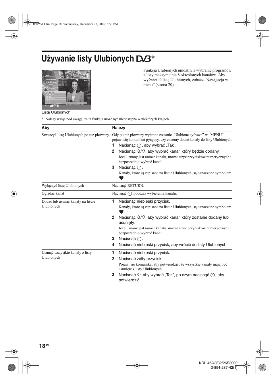 Używanie listy ulubionych | Sony KDL-40S2510 User Manual | Page 104 / 131