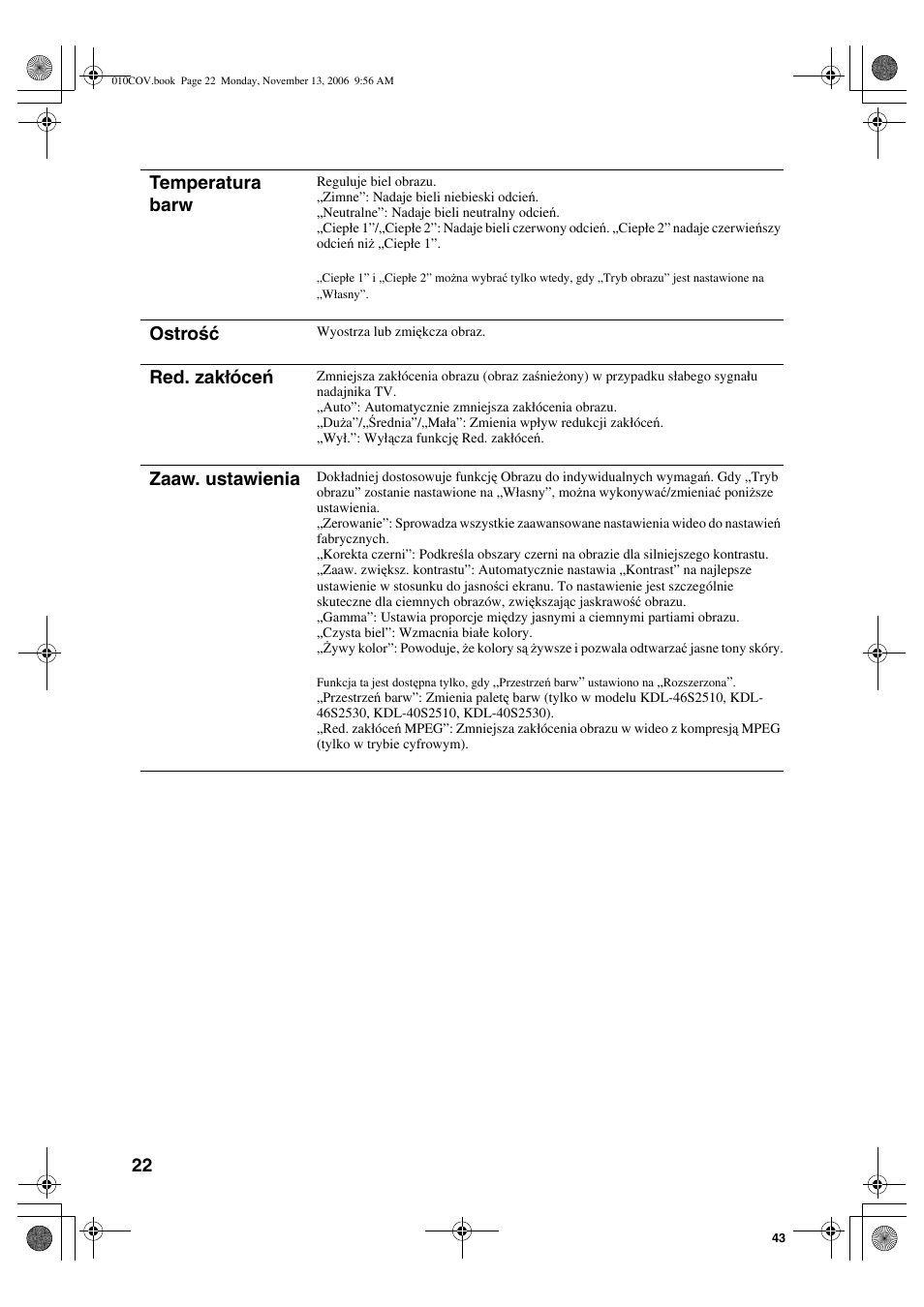 Temperatura barw, Ostrość, Red. zakłóceń | Zaaw. ustawienia | Sony KDL-40S2510 User Manual | Page 108 / 131