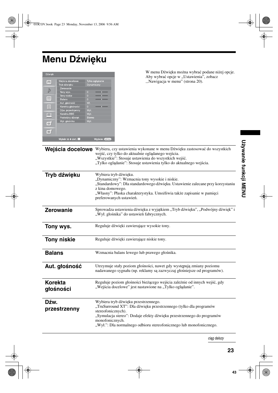 Menu dźwięku, Wejścia docelowe, Tryb dźwięku | Zerowanie, Tony wys, Tony niskie, Balans, Aut. głośność, Korekta głośności, Dźw. przestrzenny | Sony KDL-40S2510 User Manual | Page 109 / 131
