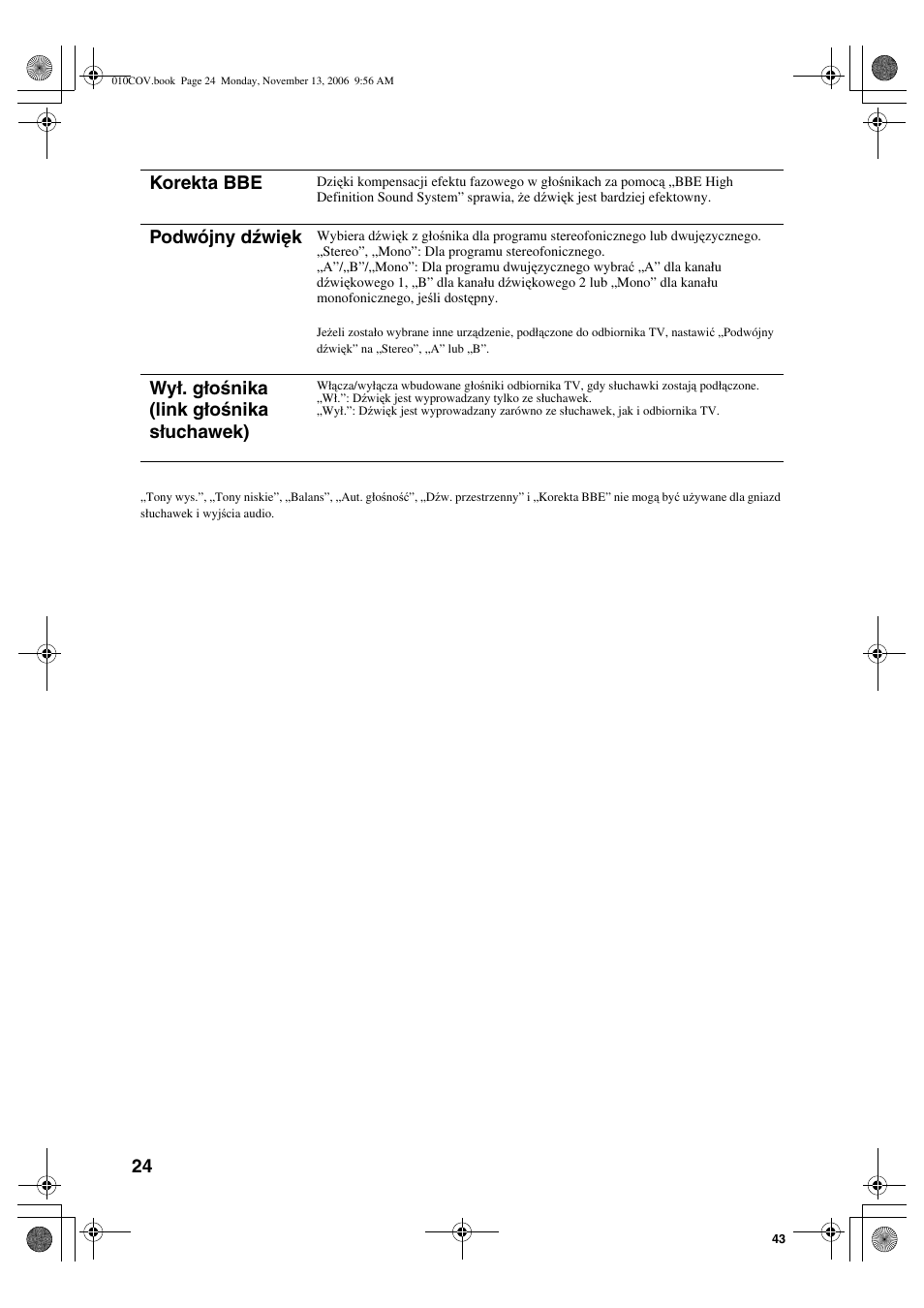 Korekta bbe, Podwójny dźwięk, Wył. głośnika (link głośnika słuchawek) | Sony KDL-40S2510 User Manual | Page 110 / 131