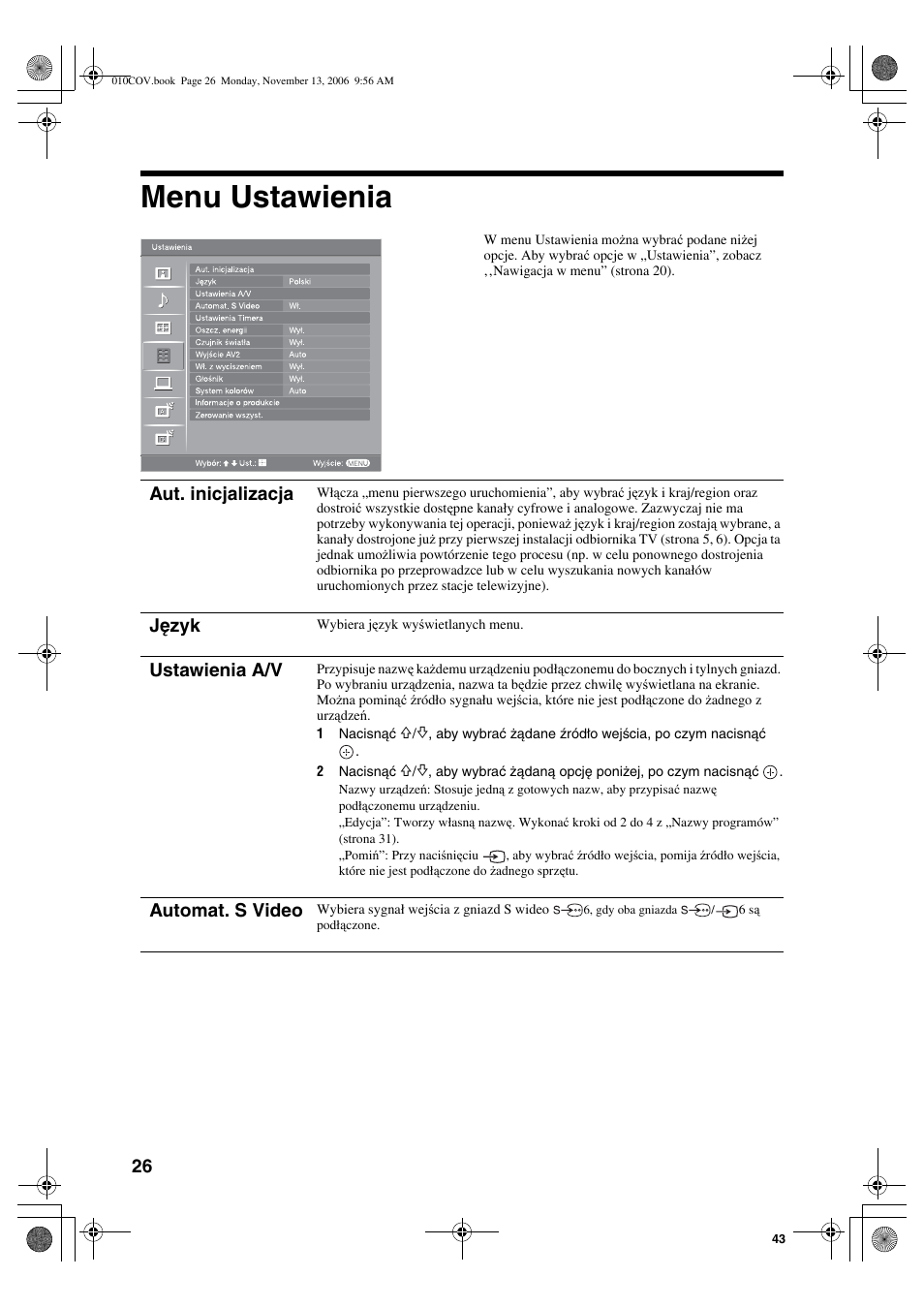 Menu ustawienia, Aut. inicjalizacja, Język | Ustawienia a/v, Automat. s video | Sony KDL-40S2510 User Manual | Page 112 / 131