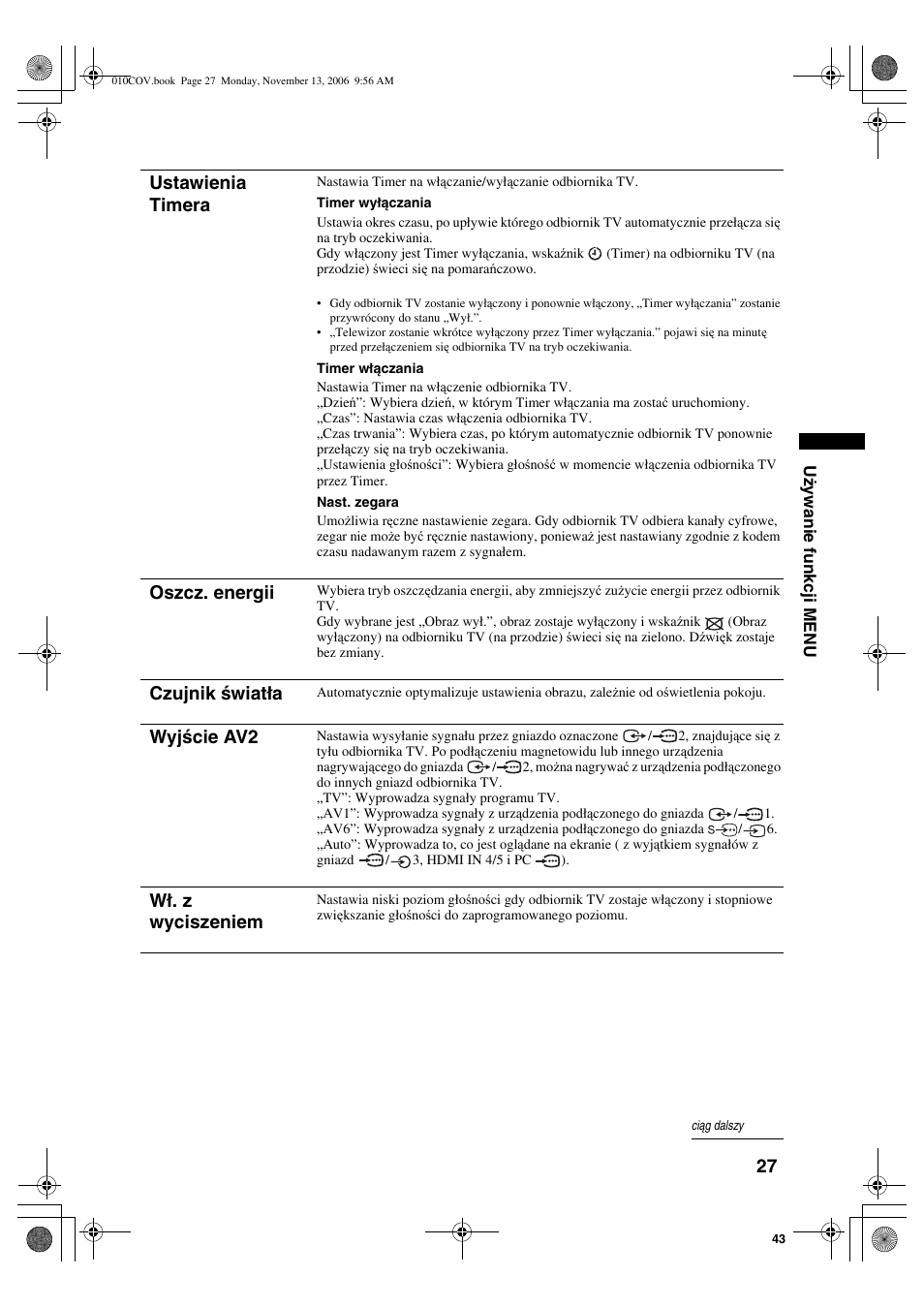 Ustawienia timera, Oszcz. energii, Czujnik światła | Wyjście av2, Wł. z wyciszeniem | Sony KDL-40S2510 User Manual | Page 113 / 131