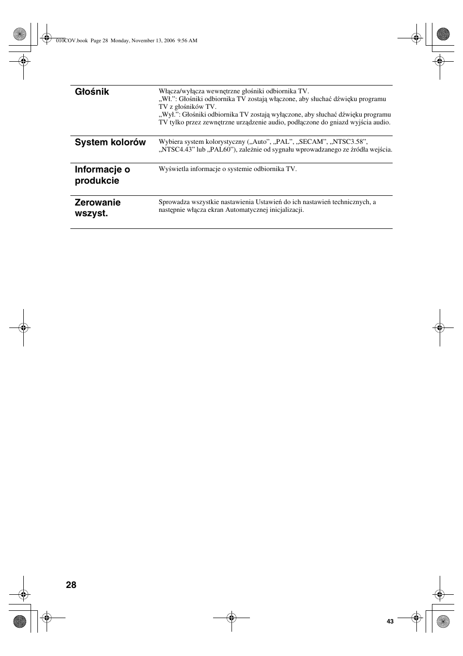 Głośnik, System kolorów, Informacje o produkcie | Zerowanie wszyst | Sony KDL-40S2510 User Manual | Page 114 / 131