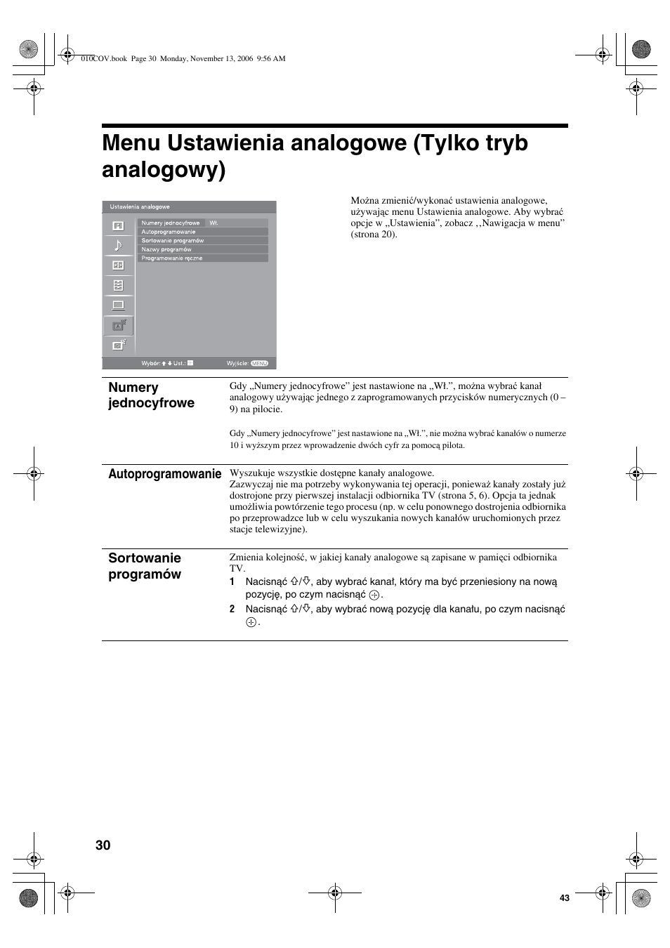 Menu ustawienia analogowe (tylko tryb analogowy), Numery jednocyfrowe, Autoprogramowanie | Sortowanie programów | Sony KDL-40S2510 User Manual | Page 116 / 131