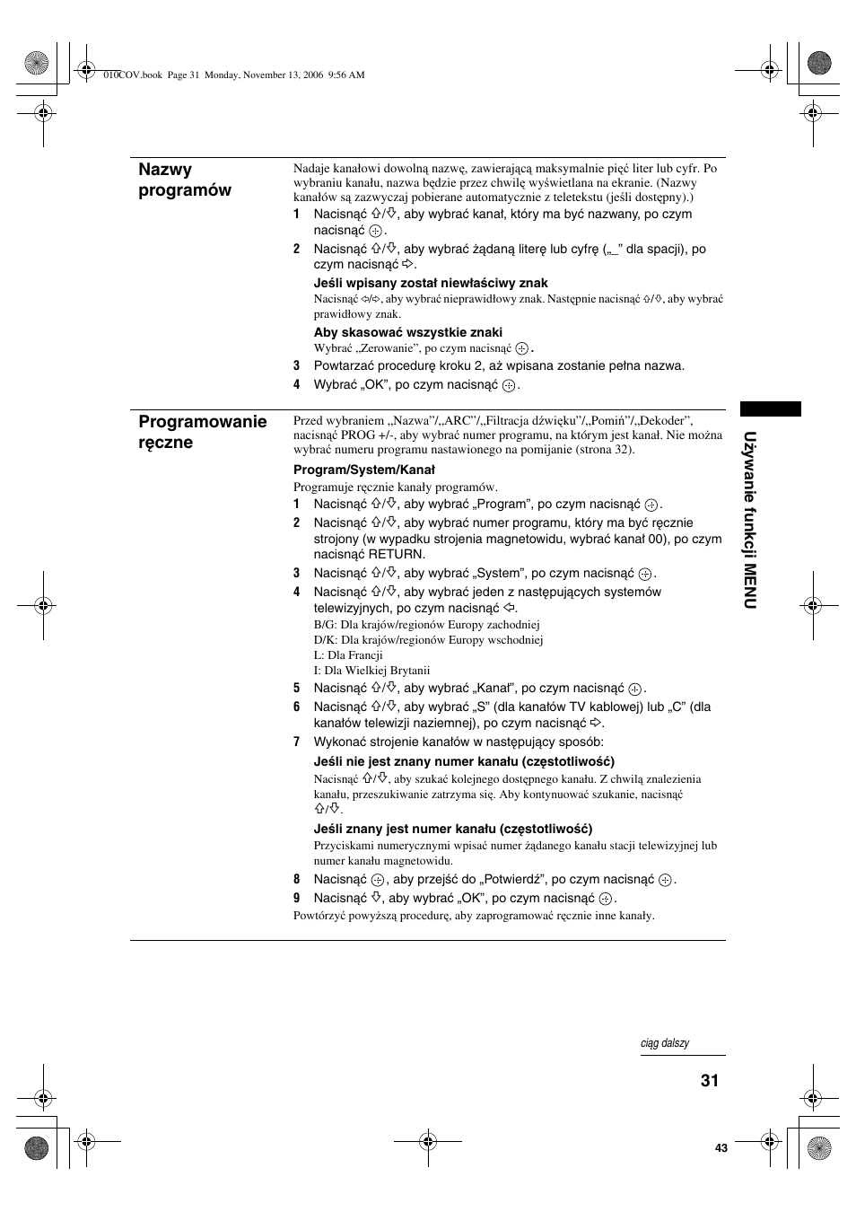 Nazwy programów, Programowanie ręczne | Sony KDL-40S2510 User Manual | Page 117 / 131