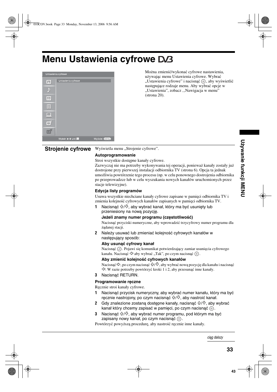 Menu ustawienia cyfrowe, Strojenie cyfrowe | Sony KDL-40S2510 User Manual | Page 119 / 131