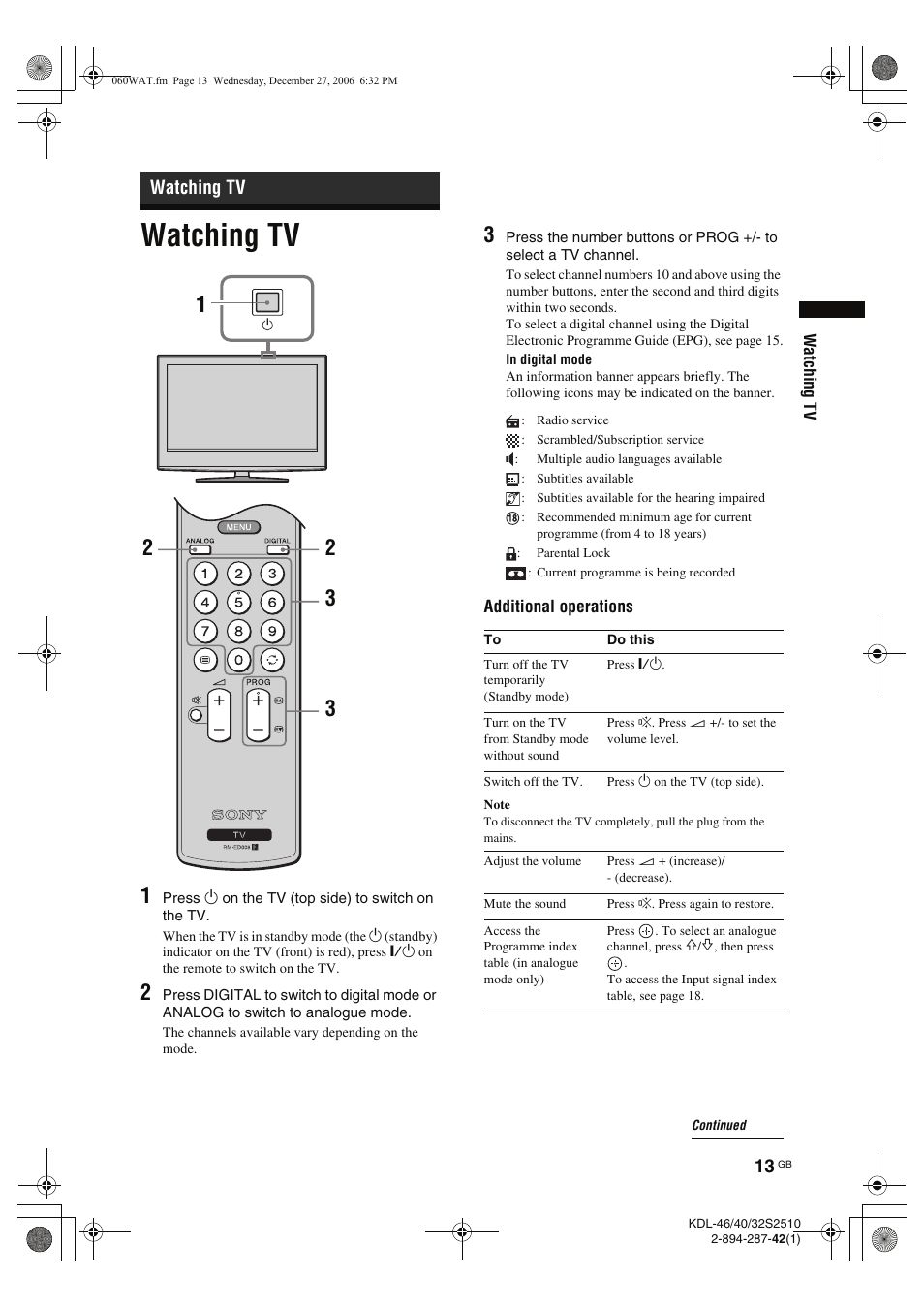 Watching tv | Sony KDL-40S2510 User Manual | Page 13 / 131