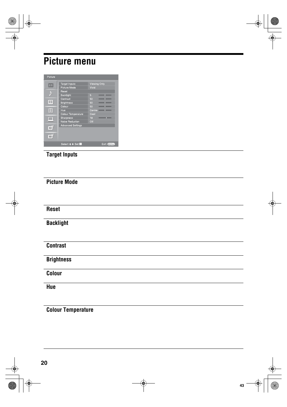 Picture menu, Target inputs, Picture mode | Reset, Backlight, Contrast, Brightness, Colour, Colour temperature | Sony KDL-40S2510 User Manual | Page 20 / 131
