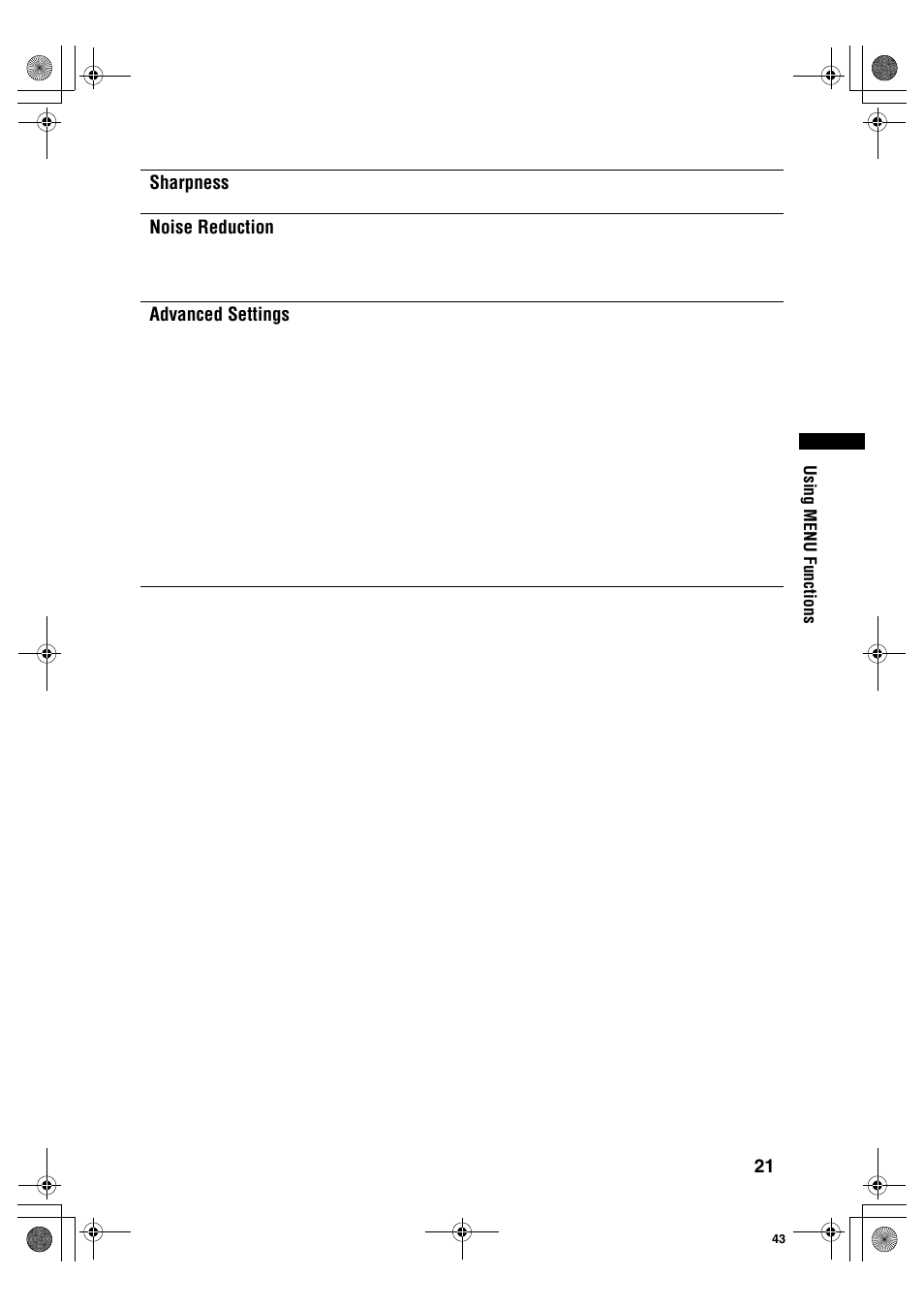 Sharpness, Noise reduction, Advanced settings | Sony KDL-40S2510 User Manual | Page 21 / 131
